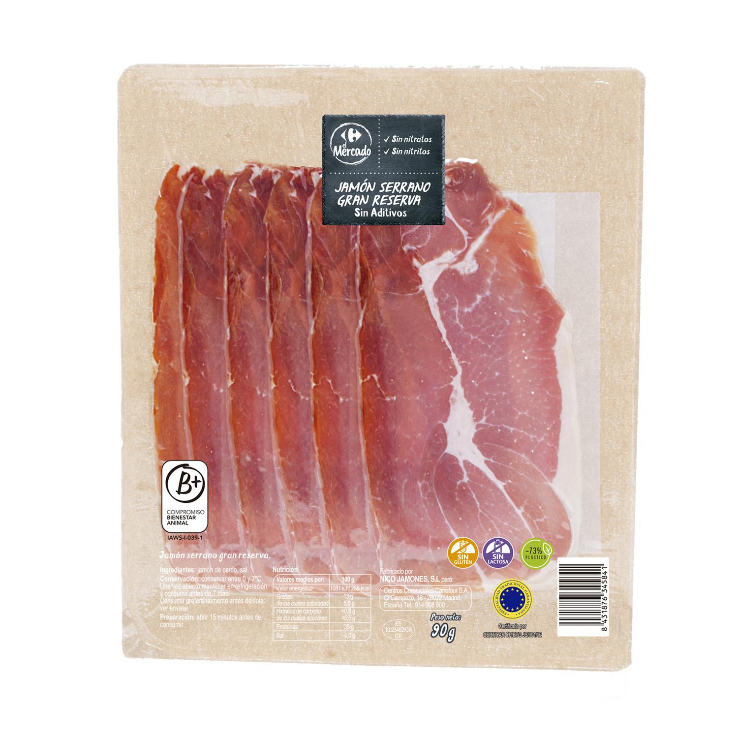 Jamón serrano gran reserva en lonchas Carrefour El Mercado sin gluten y sin lactosa 90 g