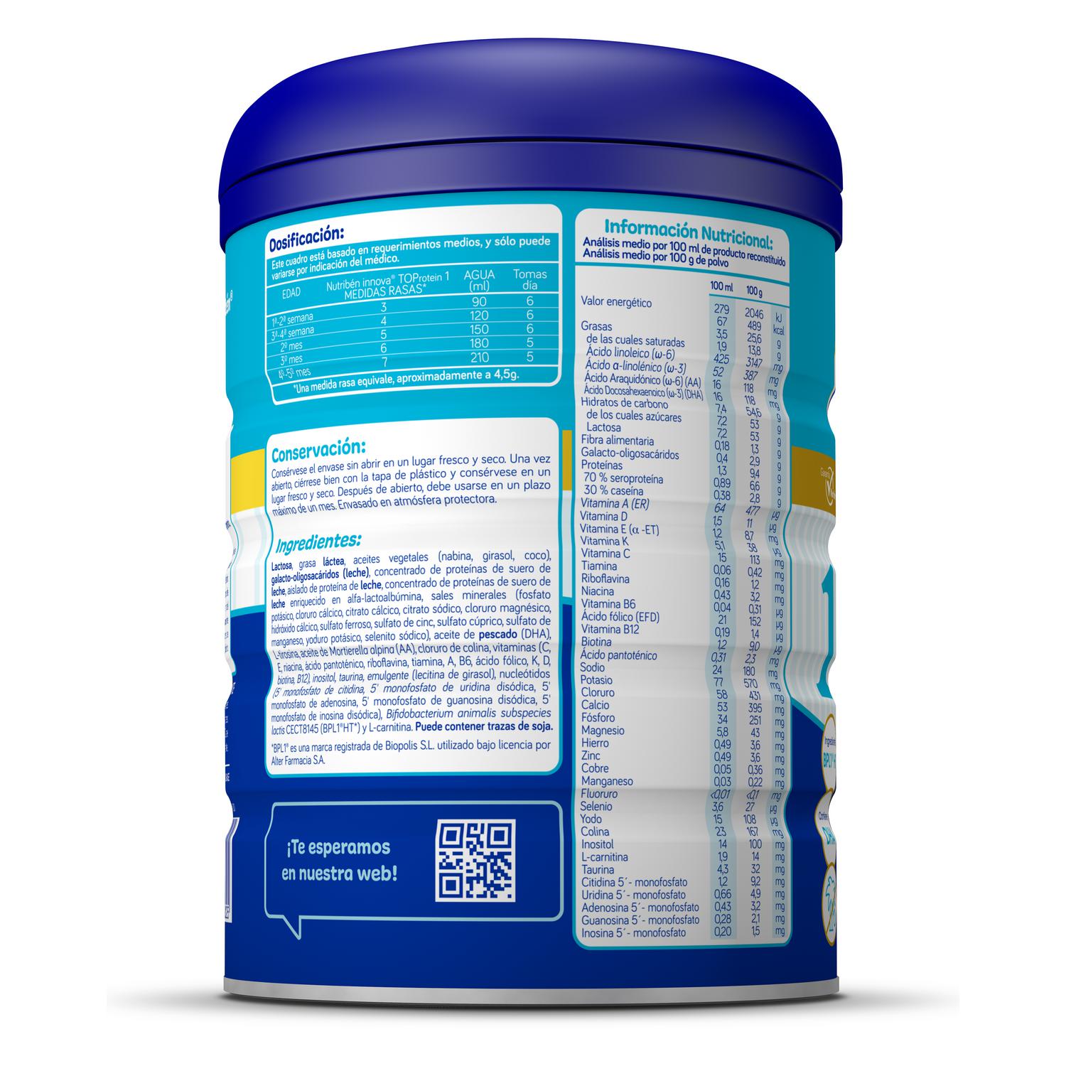 Leche infantil para lactantes desde el primer día en polvo Nutribén Innova TOProtein 1 sin aceite de palma lata 800 g.