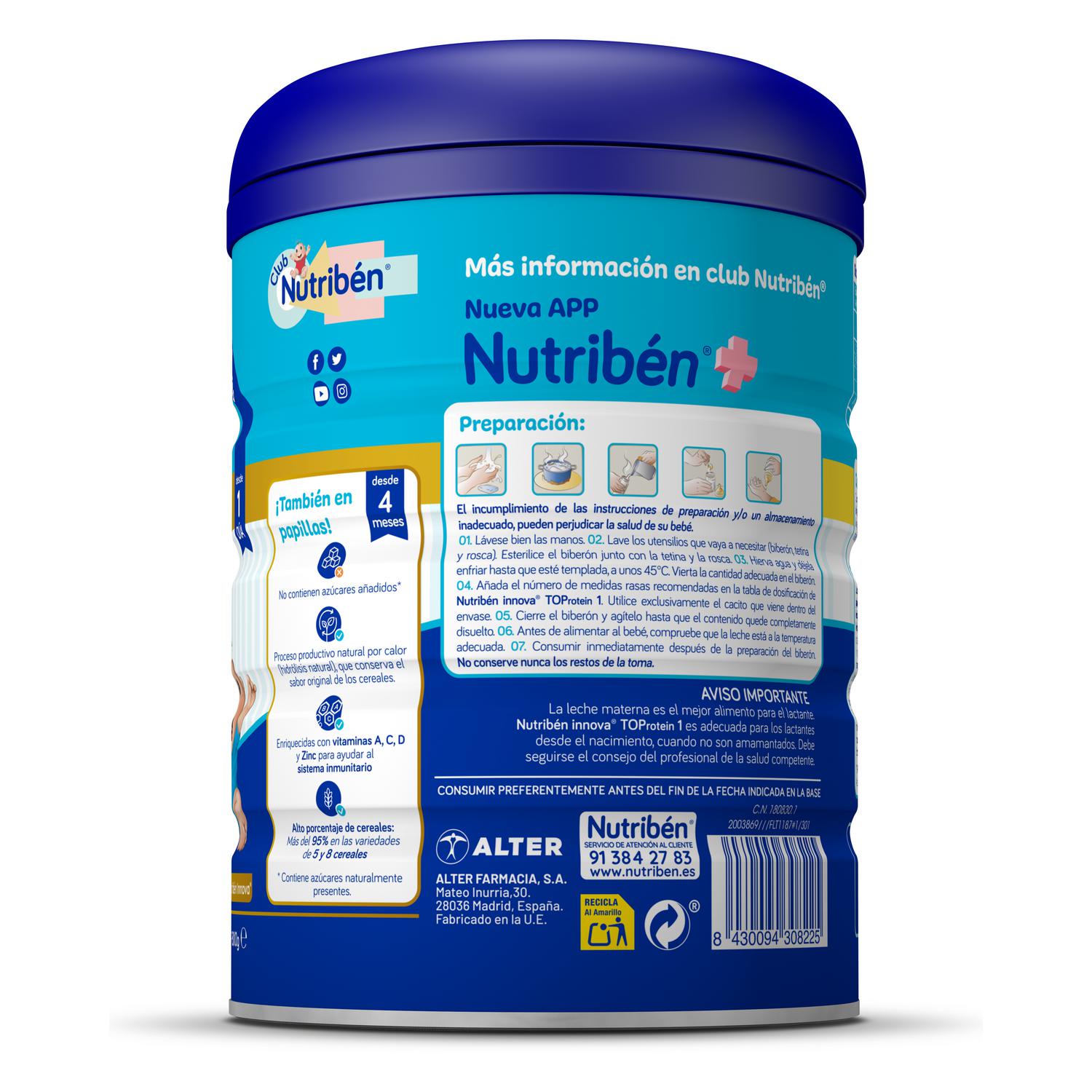 Leche infantil para lactantes desde el primer día en polvo Nutribén Innova TOProtein 1 sin aceite de palma lata 800 g.