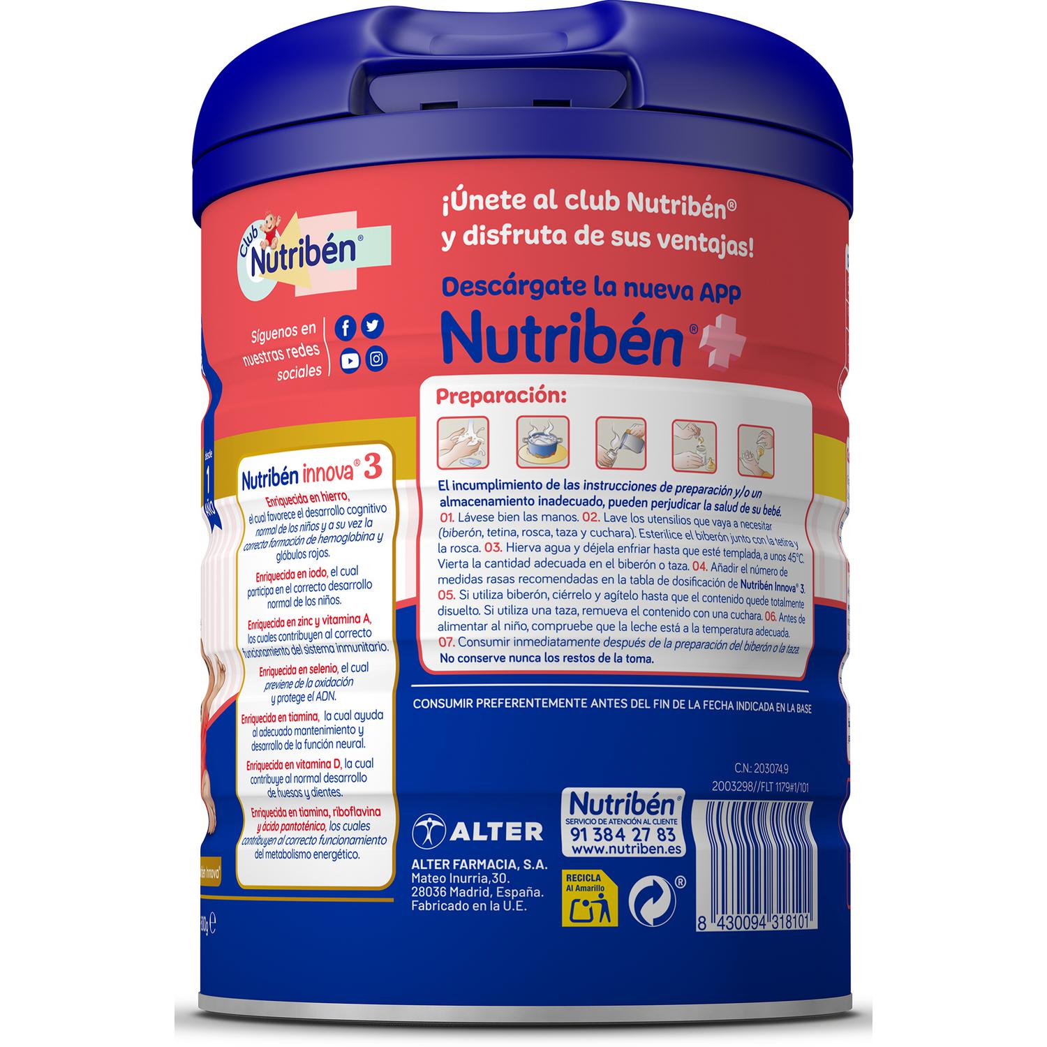 Leche infantil de crecimiento desde 1 año Nutribén Innova sin azúcar añadido lata 800 g.