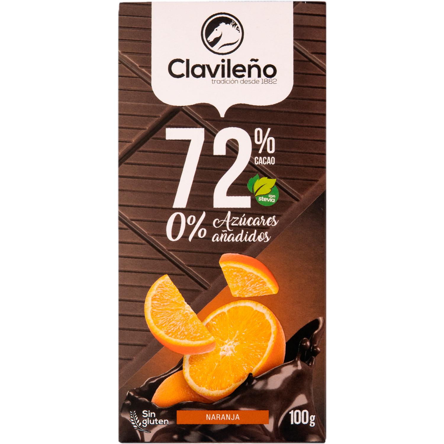 Chocolate negro 72% cacao con naranja Clavileño sin gluten y sin azúcar añadido 100 g.