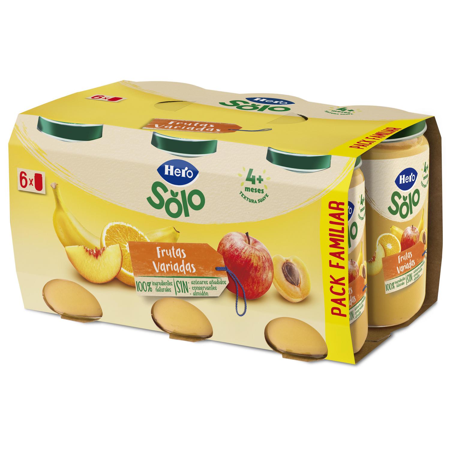 Tarrito de frutas variadas desde 4 meses Hero Baby sin gluten pack de 6 unidades de 190 g.
