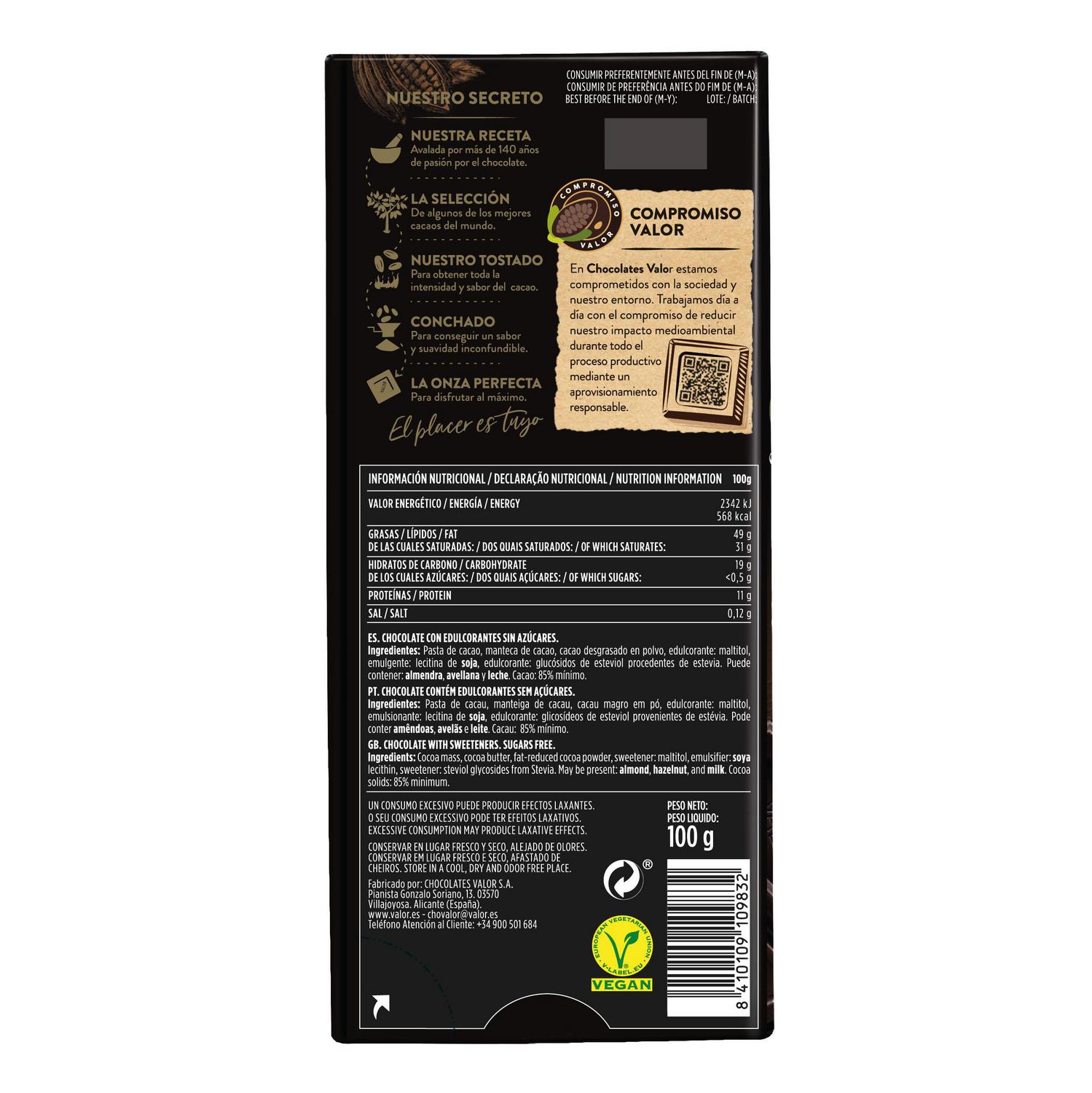 Chocolate negro 85% con stevia sin azúcar añadido Valor sin gluten 100 g.