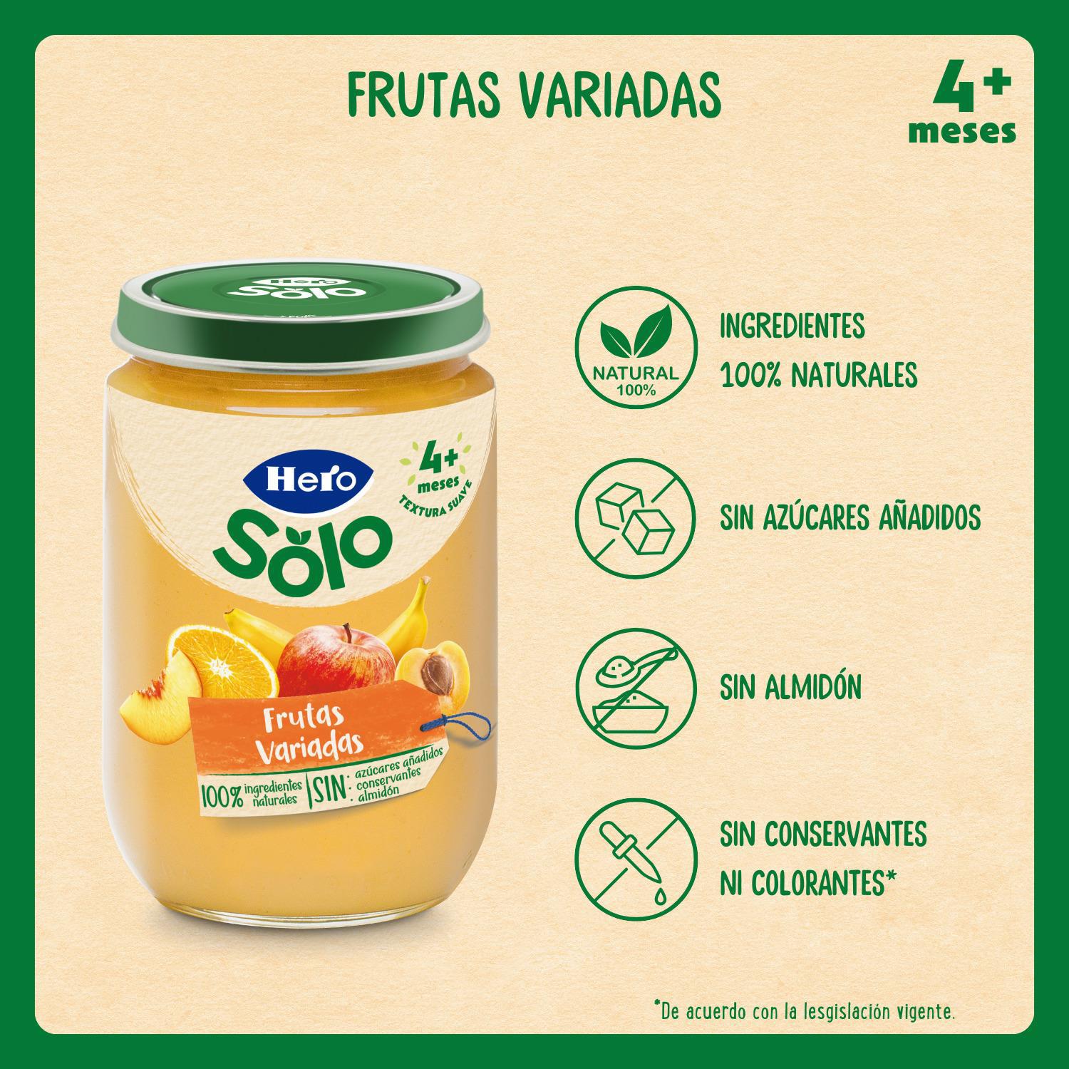 Tarrito de frutas variadas desde 4 meses Hero Solo sin gluten 190 g.