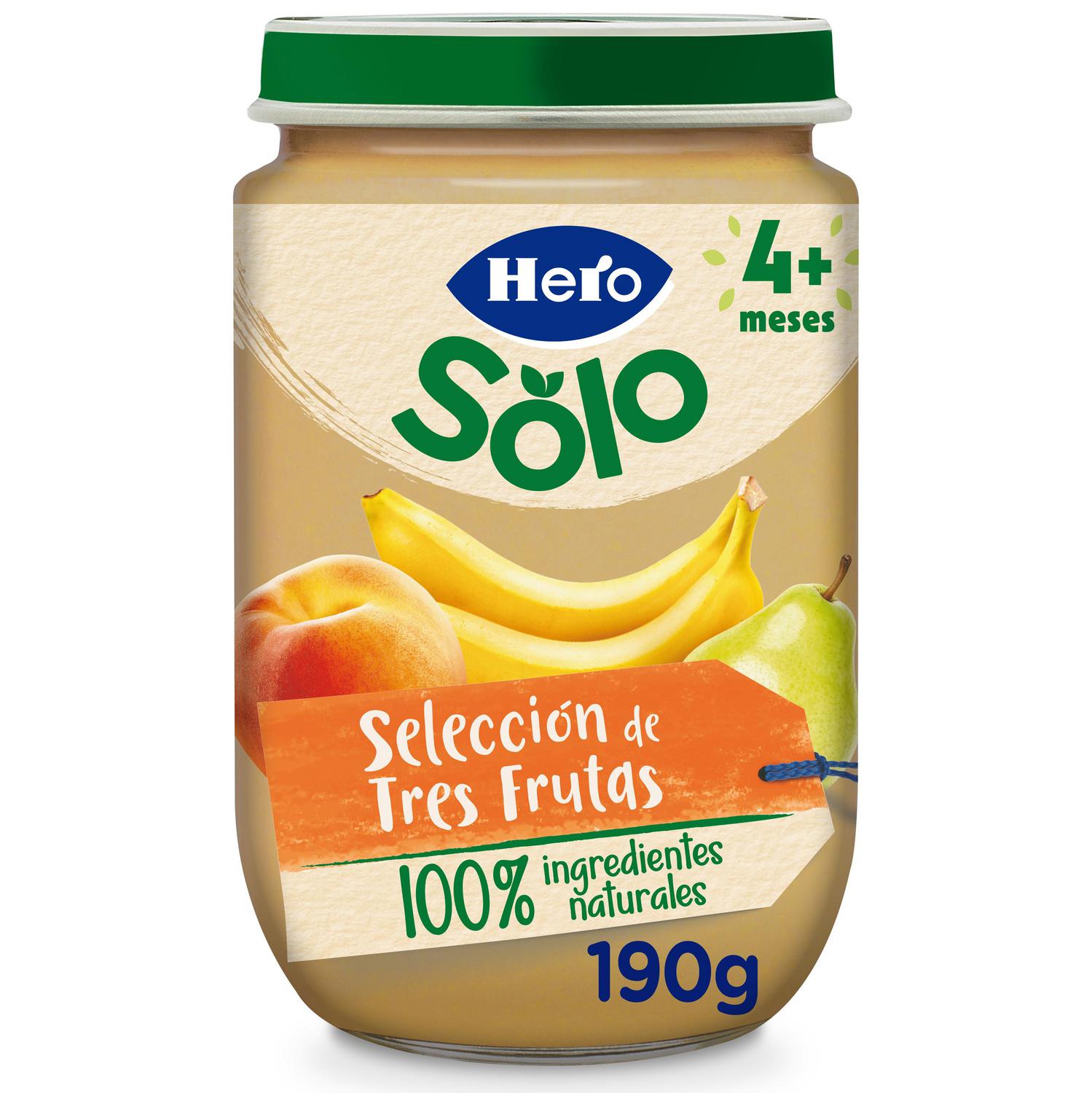 Tarrito de 3 frutas desde 4 meses Hero Baby sin gluten 190 g.