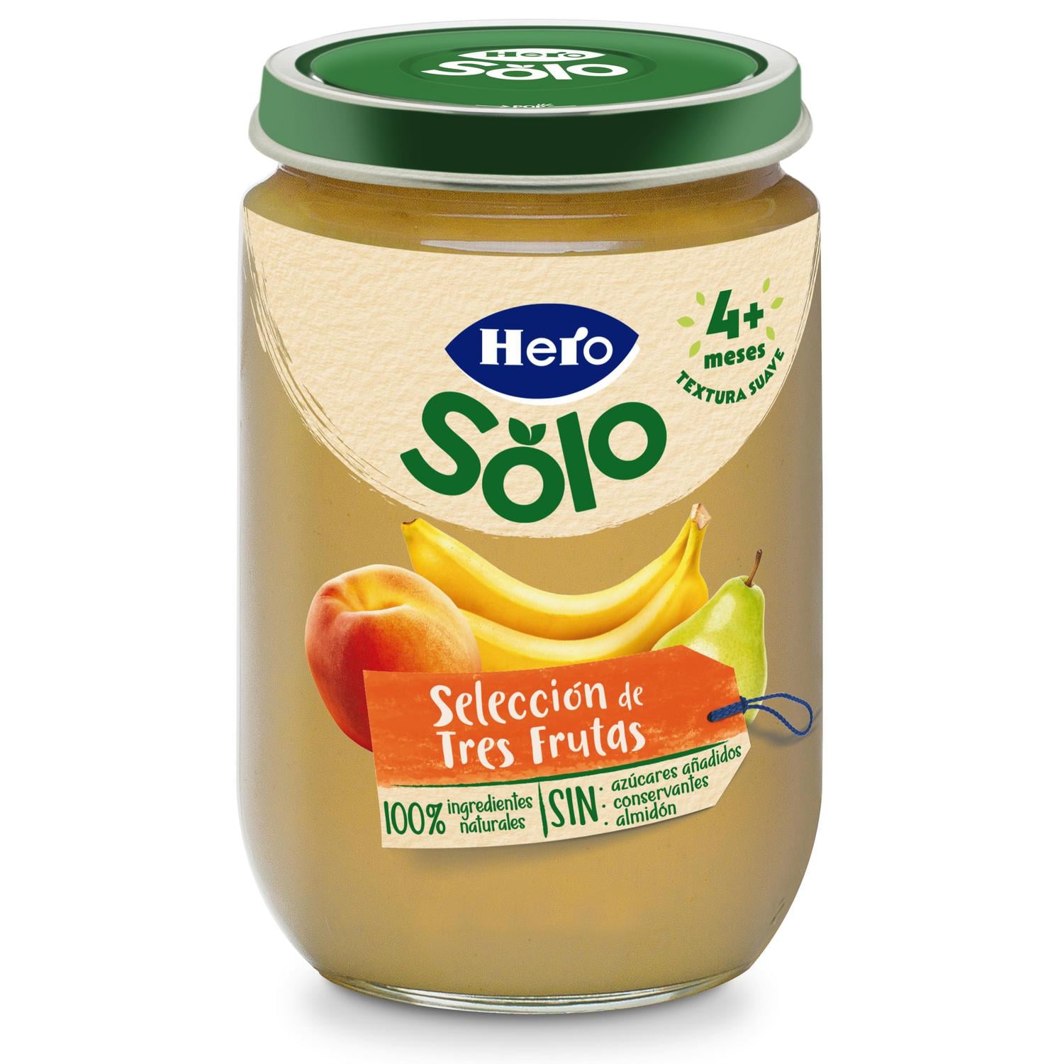 Tarrito de 3 frutas desde 4 meses Hero Baby sin gluten 190 g.