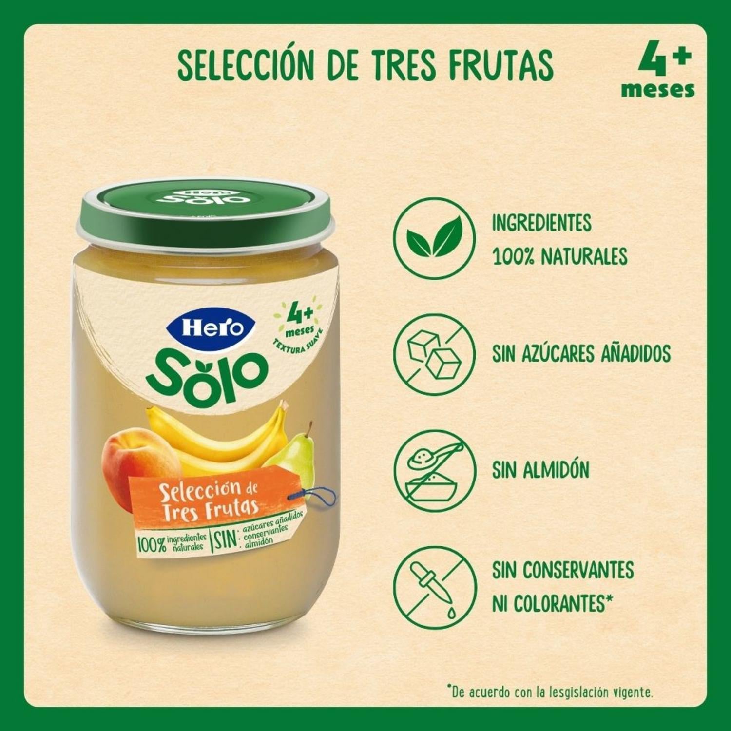 Tarrito de 3 frutas desde 4 meses Hero Baby sin gluten 190 g.