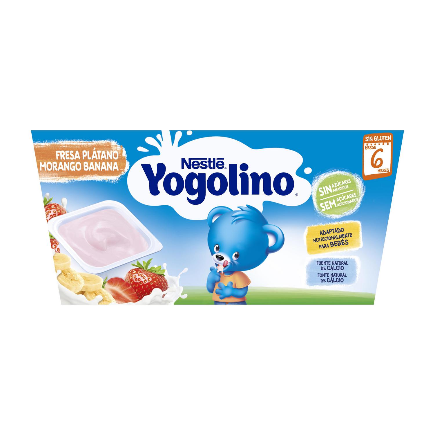 Postre lácteo fresa y plátano desde 6 meses Nestlé Yogolino sin gluten y sin azúcar añadido pack de 4 unidades de 100 g.