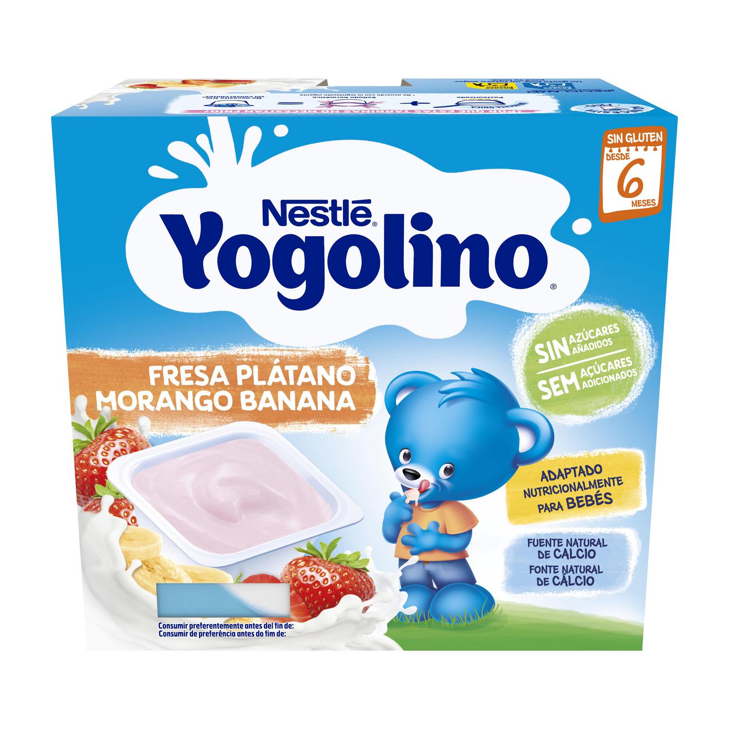 Postre lácteo fresa y plátano desde 6 meses Nestlé Yogolino sin gluten y sin azúcar añadido pack de 4 unidades de 100 g.