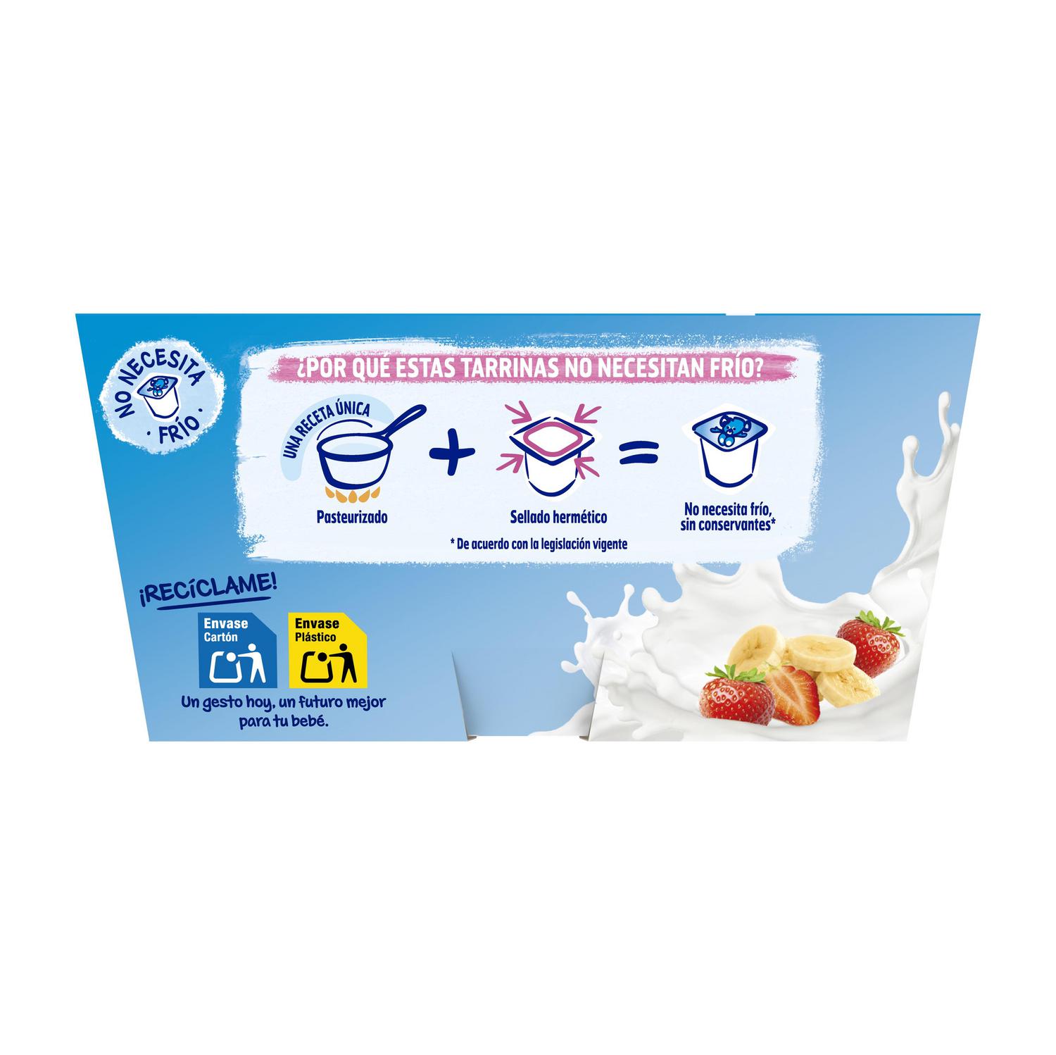 Postre lácteo fresa y plátano desde 6 meses Nestlé Yogolino sin gluten y sin azúcar añadido pack de 4 unidades de 100 g.