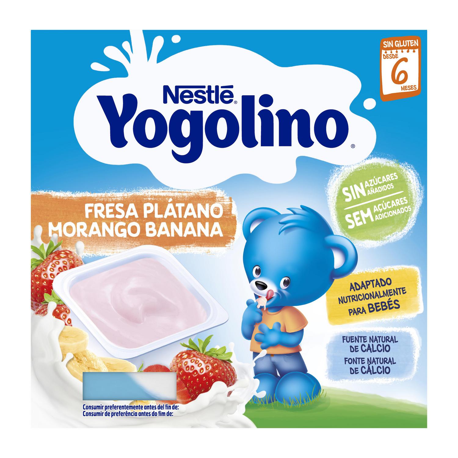 Postre lácteo fresa y plátano desde 6 meses Nestlé Yogolino sin gluten y sin azúcar añadido pack de 4 unidades de 100 g.