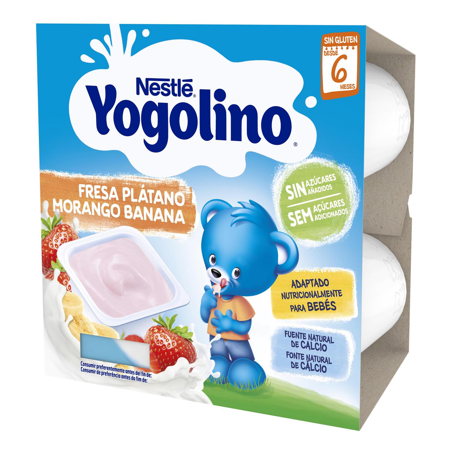 Postre lácteo fresa y plátano desde 6 meses Nestlé Yogolino sin gluten y sin azúcar añadido pack de 4 unidades de 100 g.