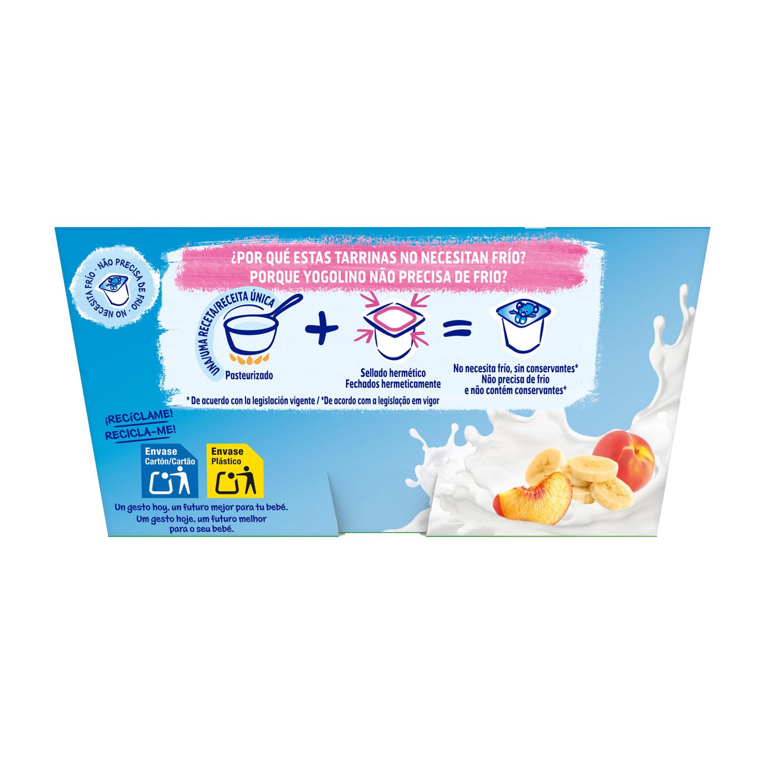 Postre lácteo melocotón y plátano desde 6 meses Nestlé Yogolino sin gluten y sin azúcar añadido pack de 4 unidades de 100 g.