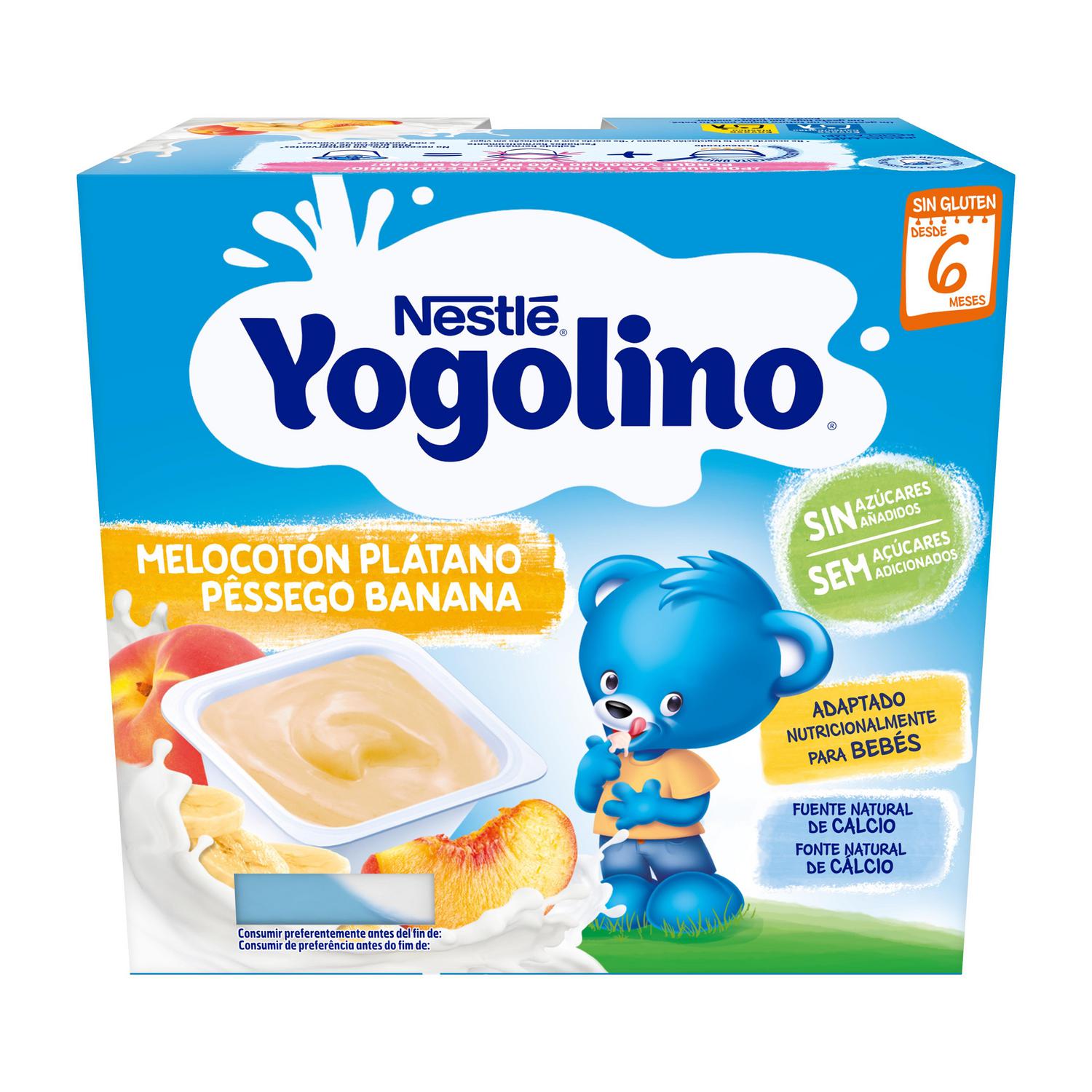 Postre lácteo melocotón y plátano desde 6 meses Nestlé Yogolino sin gluten y sin azúcar añadido pack de 4 unidades de 100 g.