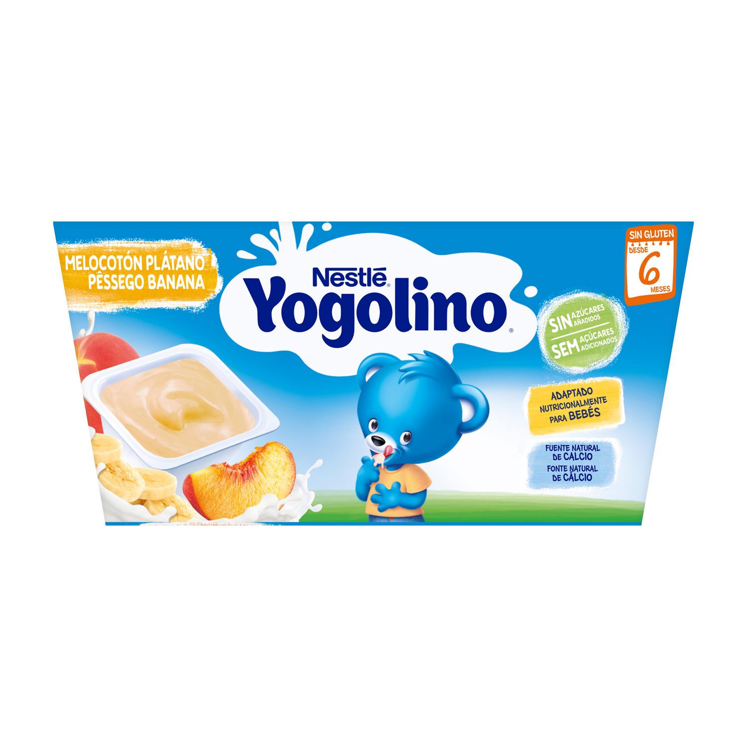 Postre lácteo melocotón y plátano desde 6 meses Nestlé Yogolino sin gluten y sin azúcar añadido pack de 4 unidades de 100 g.