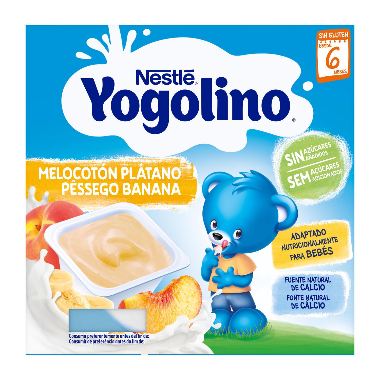 Postre lácteo melocotón y plátano desde 6 meses Nestlé Yogolino sin gluten y sin azúcar añadido pack de 4 unidades de 100 g.