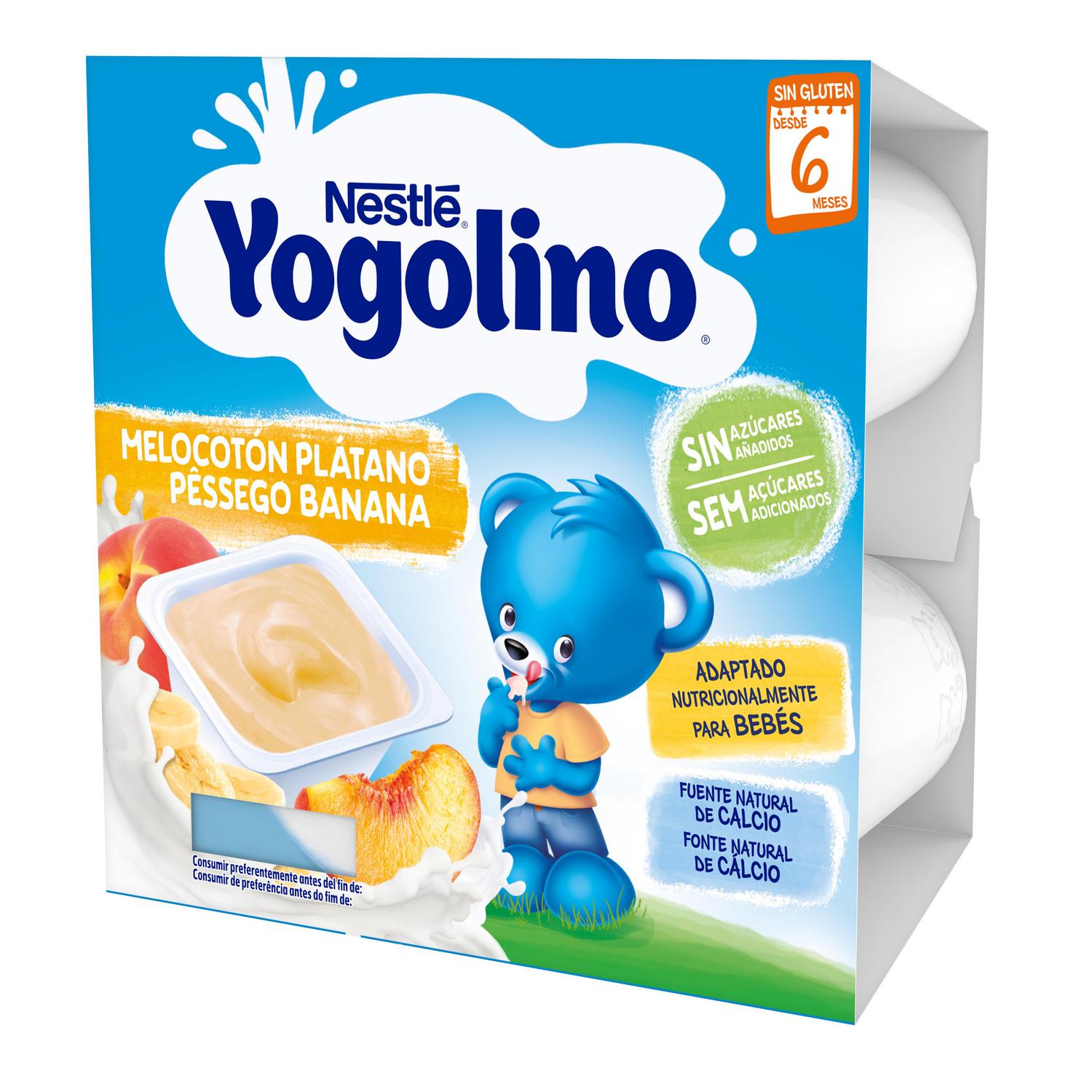 Postre lácteo melocotón y plátano desde 6 meses Nestlé Yogolino sin gluten y sin azúcar añadido pack de 4 unidades de 100 g.