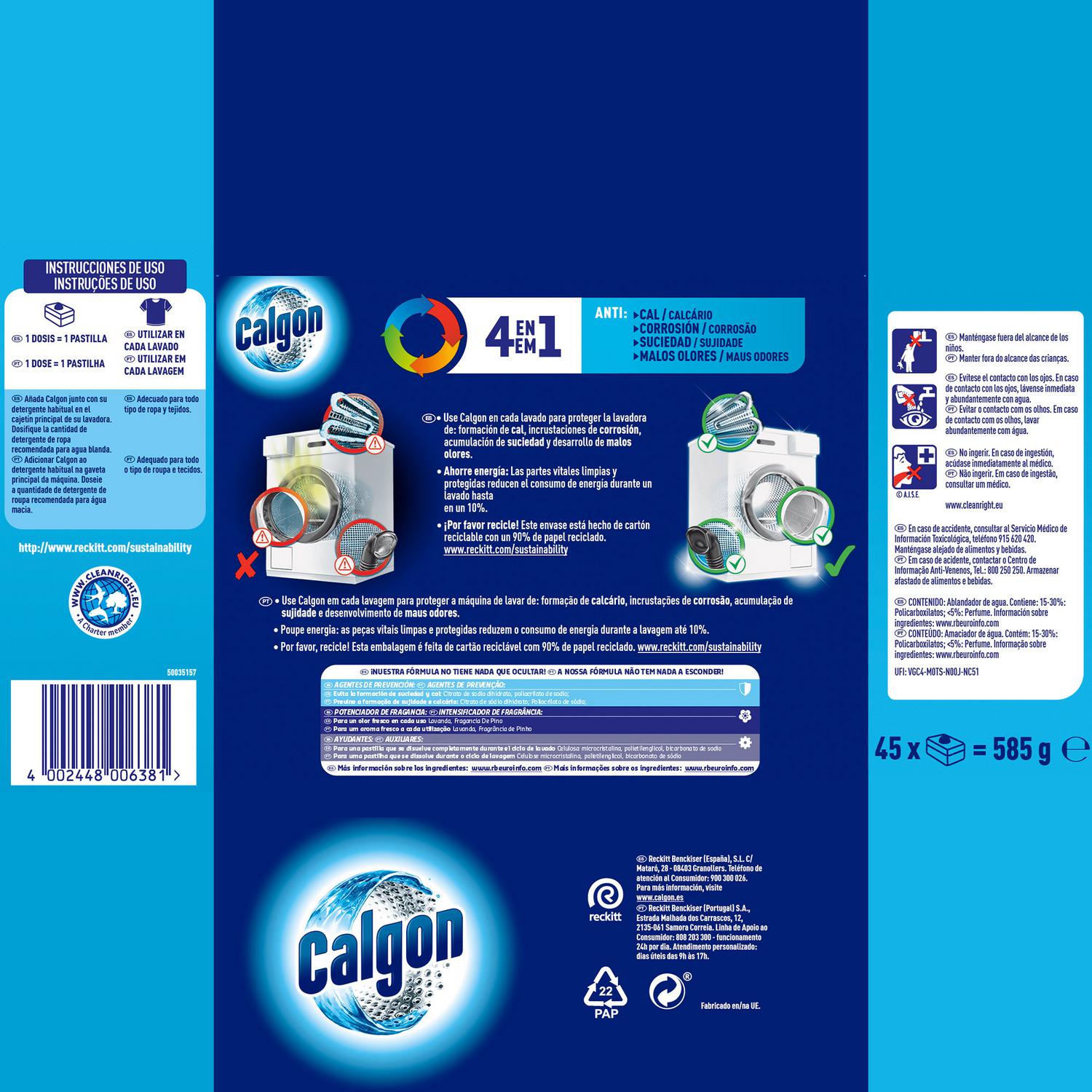Antical para lavadora en pastillas Calgon 45 ud.