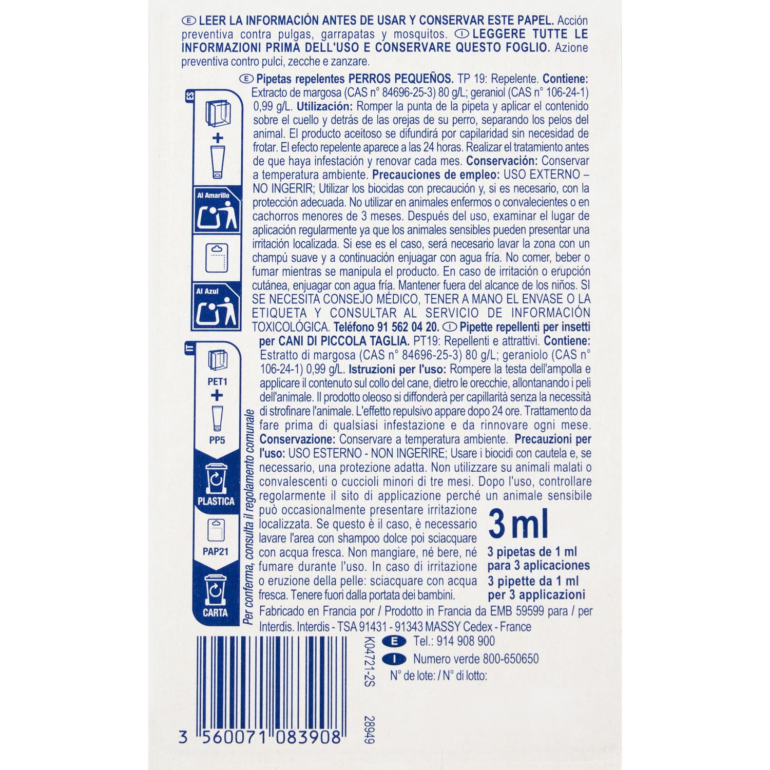 Pipetas repelentes contra insectos para perros pequeños Carrefour 3x1 ml.