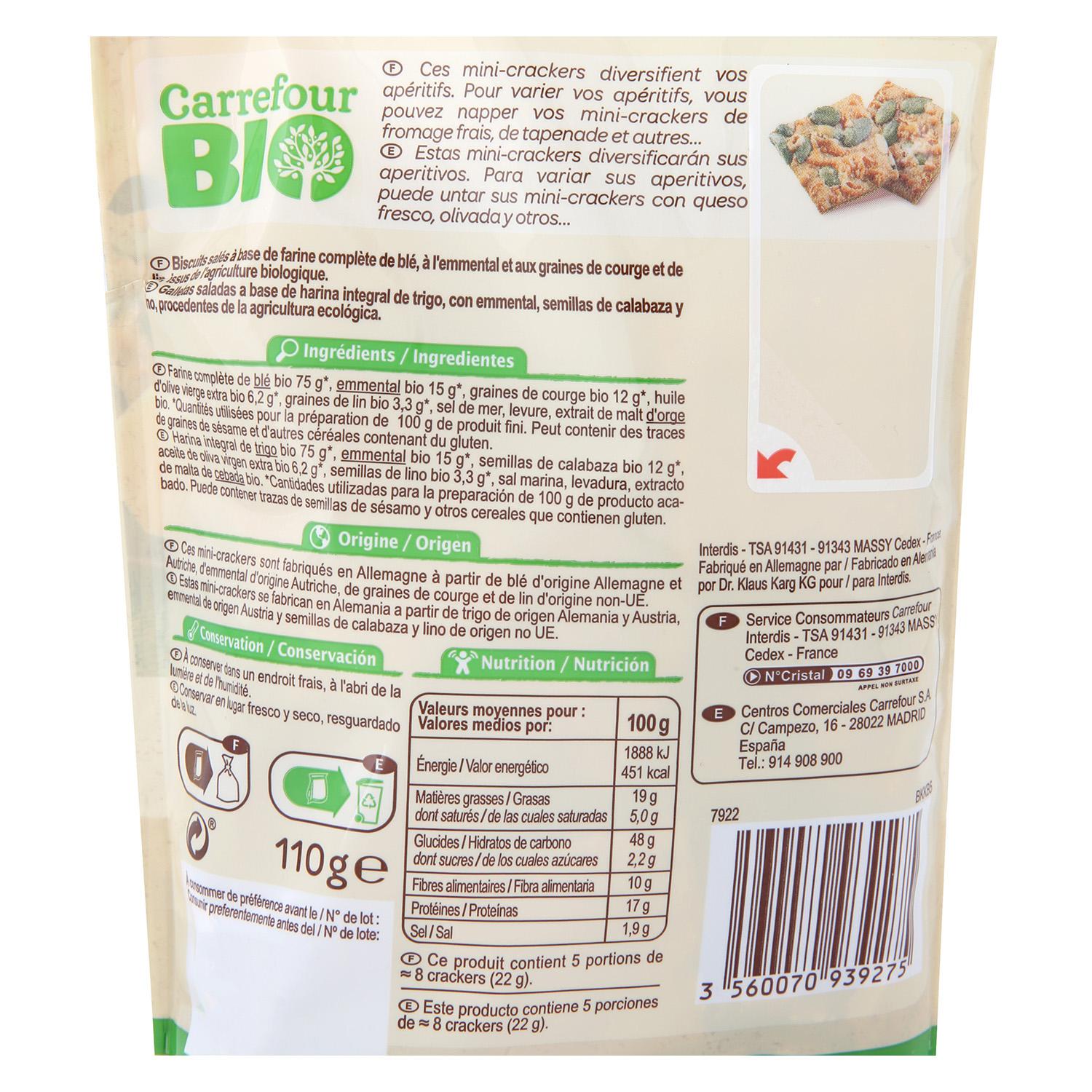 Crackers minis con queso emmental y semillas de calabaza ecológicos Carrefour Bio 110 g.