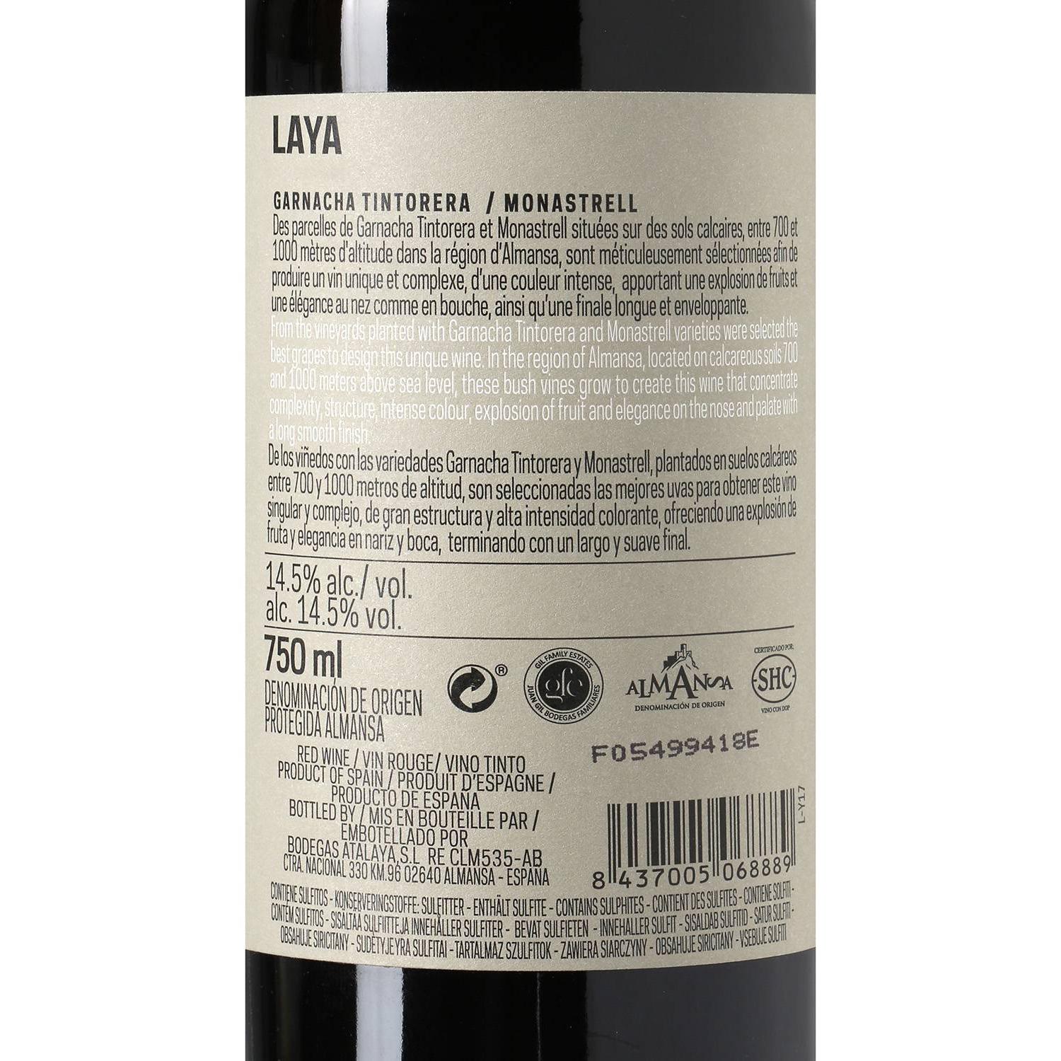 Vino tinto con crianza Laya D.O.Almansa 75 cl.