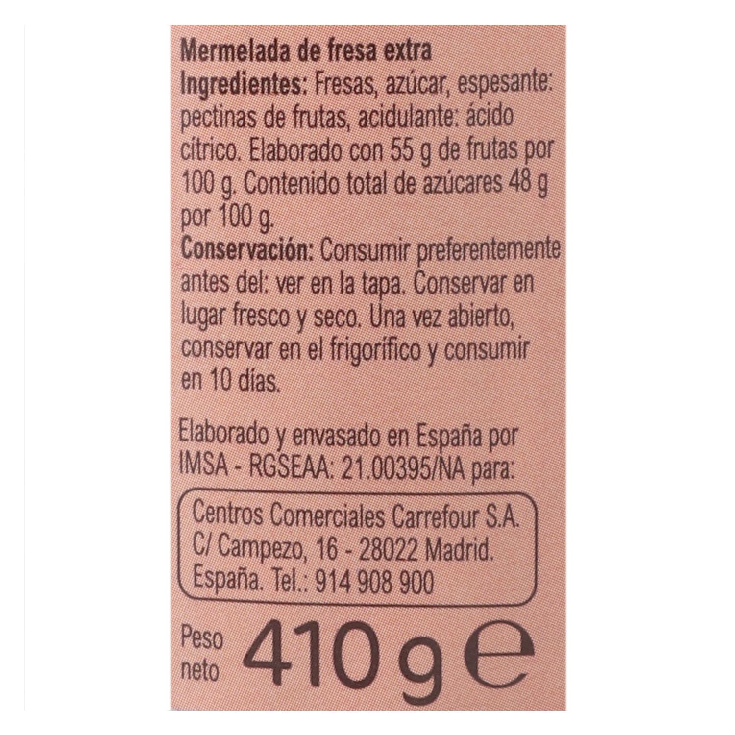 Mermelada de fresa categoría extra Carrefour 410 g.