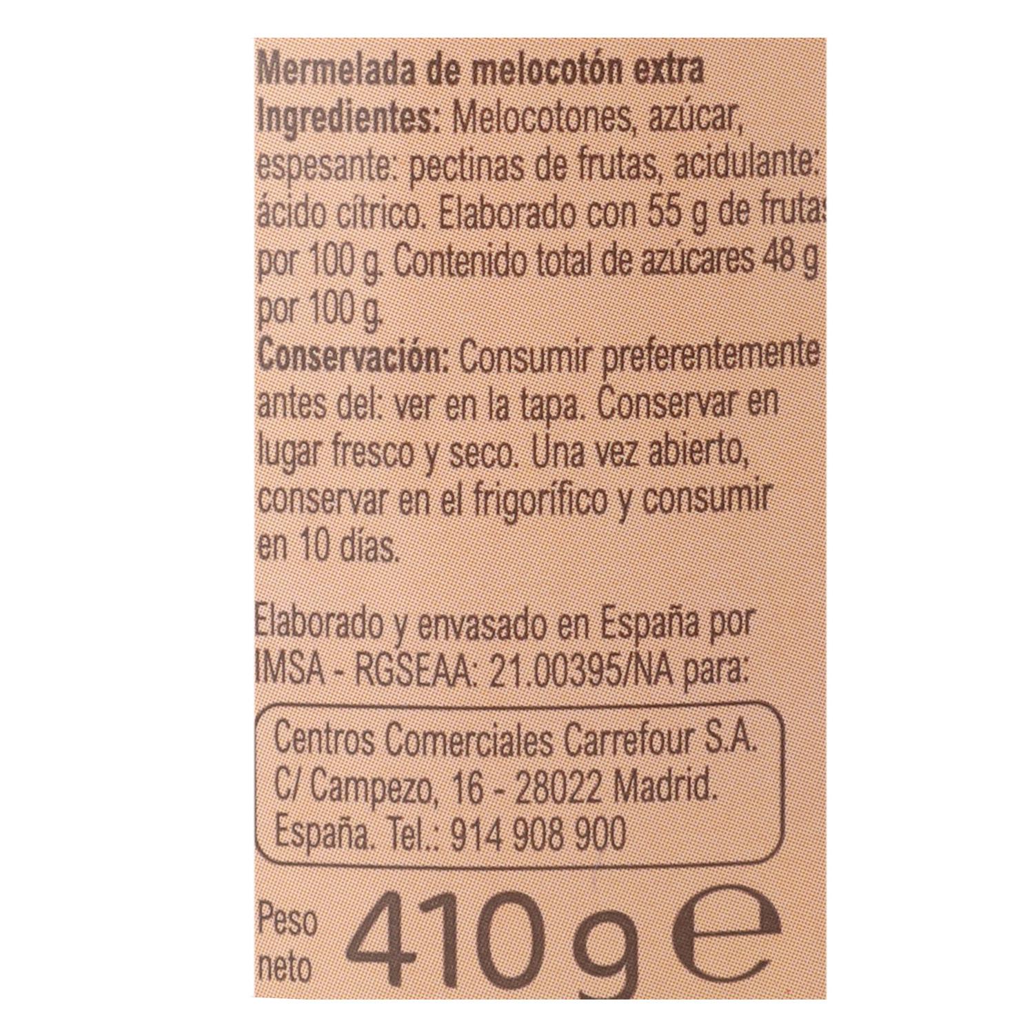 Mermelada de melocotón categoría extra Carrefour 410 g.