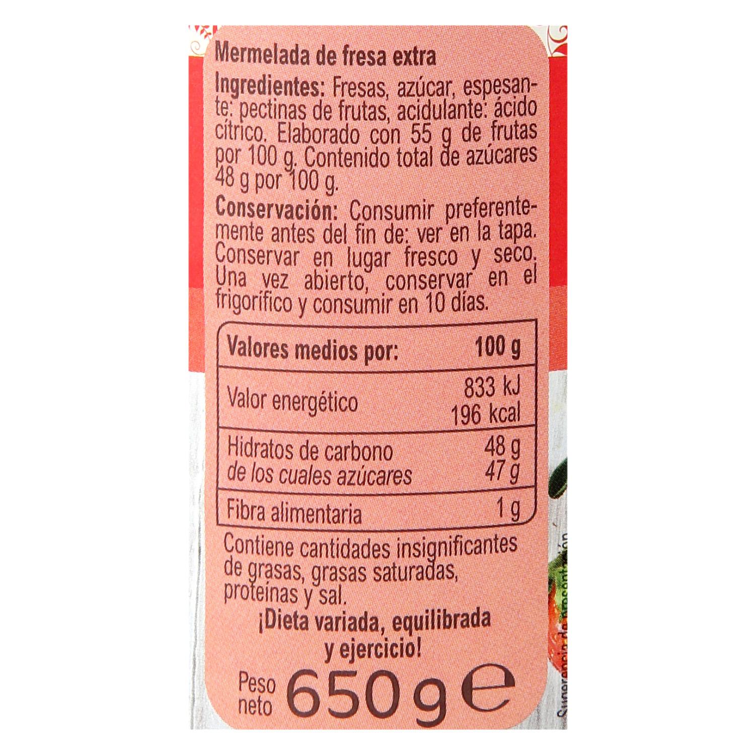 Mermelada de fresa catgoría extra Carrefour 650 g.