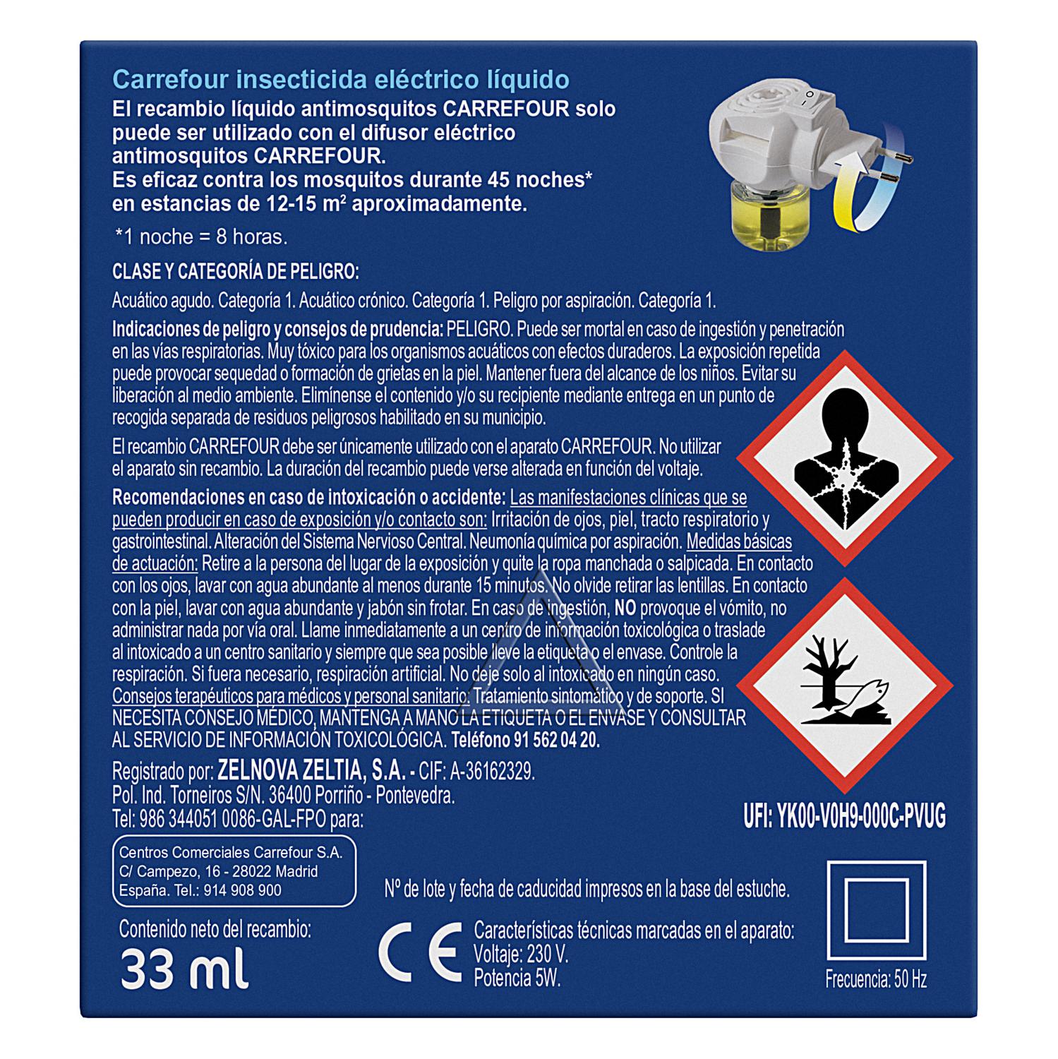 Insecticida eléctrico antimosquitos líquido aparato + recambio Carrefour 1 ud.