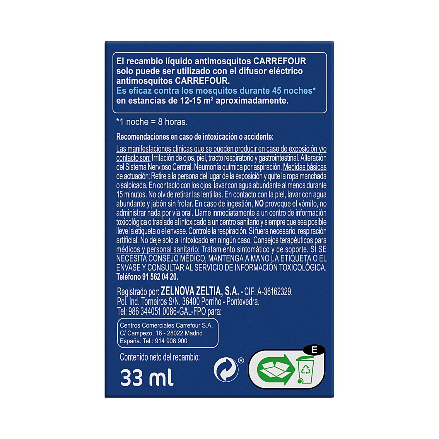 Insecticida eléctrico antimosquitos líquido recambio Carrefour 1 ud.