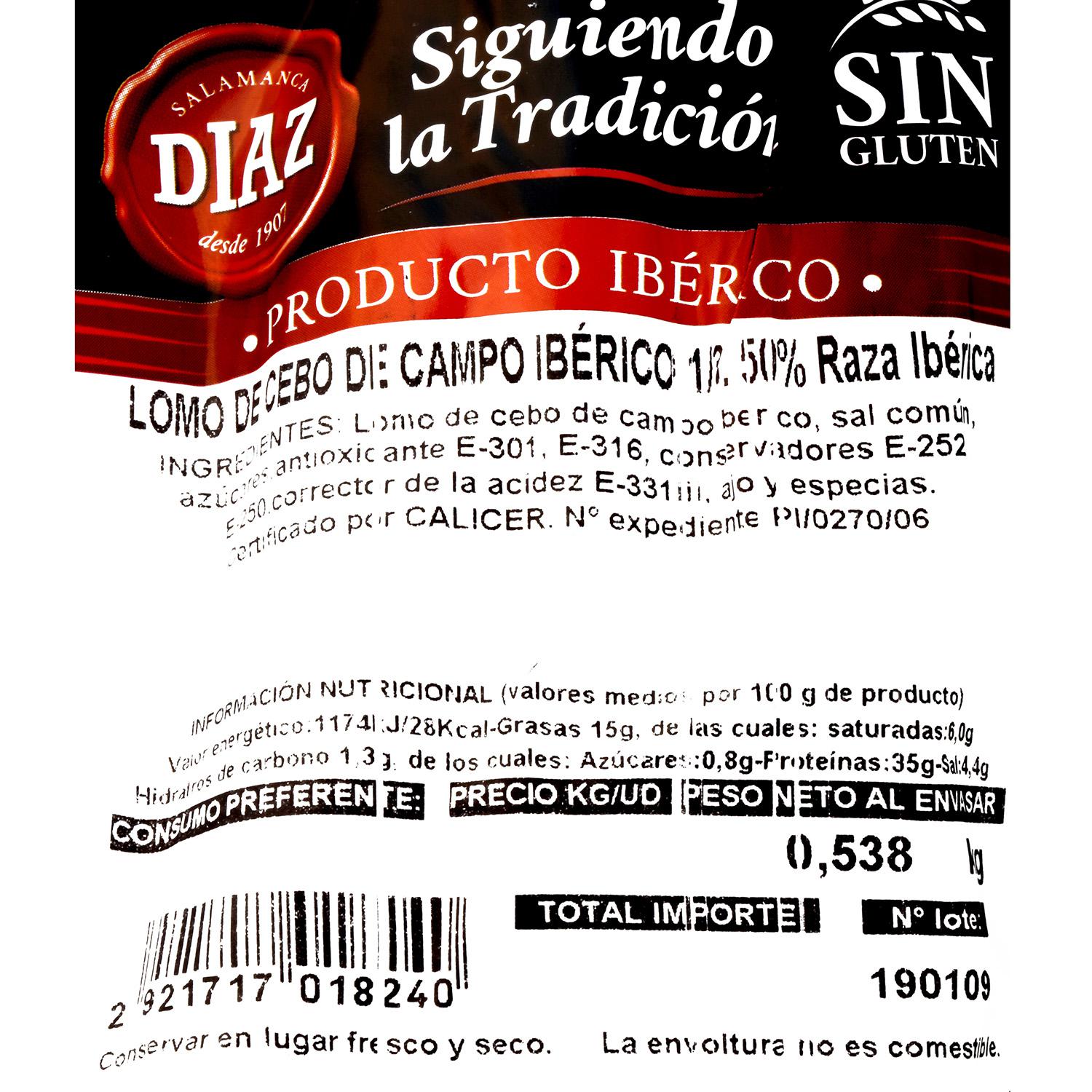 Lomo de Cebo de Campo Ibérico 50% Raza Ibérica Embutidos Díaz sin gluten pieza de 300 g aprox