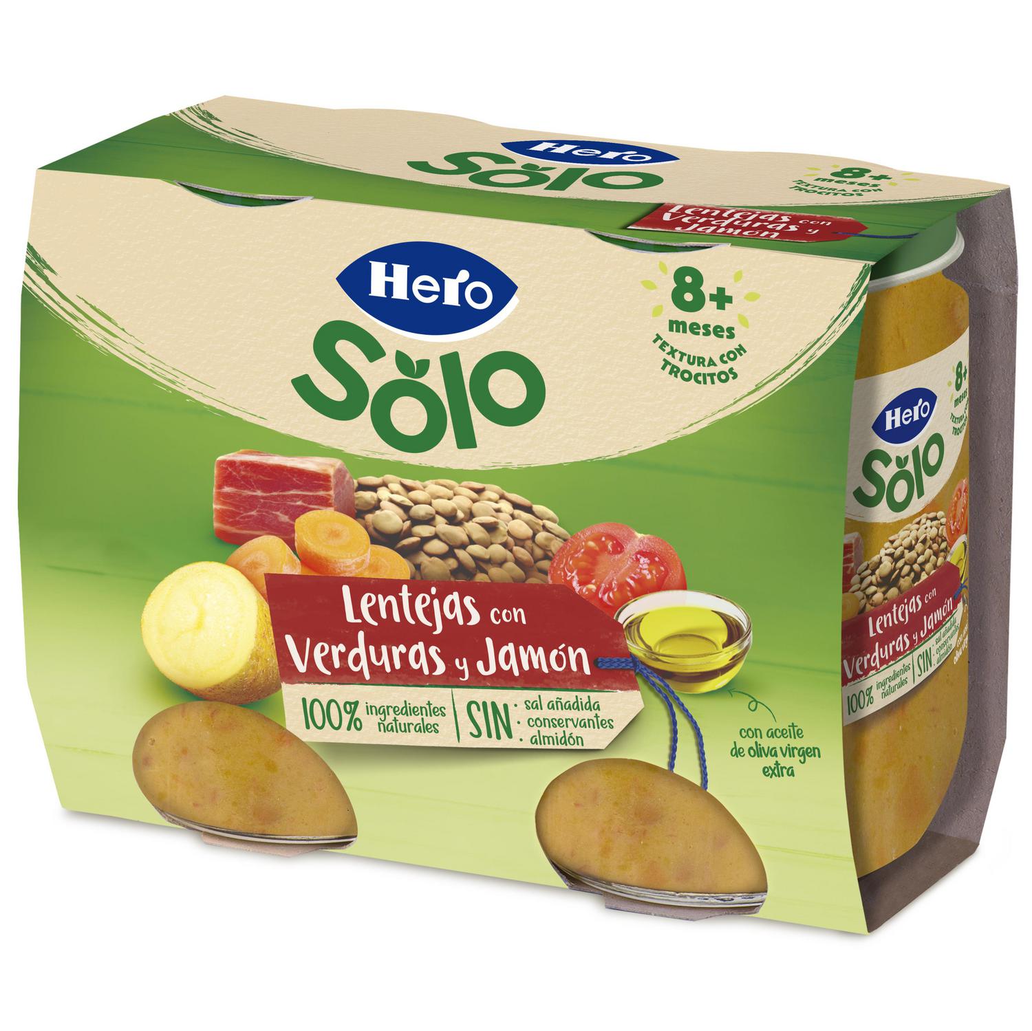 Tarrito de lentejas con verduras y jamón desde 8 meses Hero Solo pack 2 unidades 190 g.