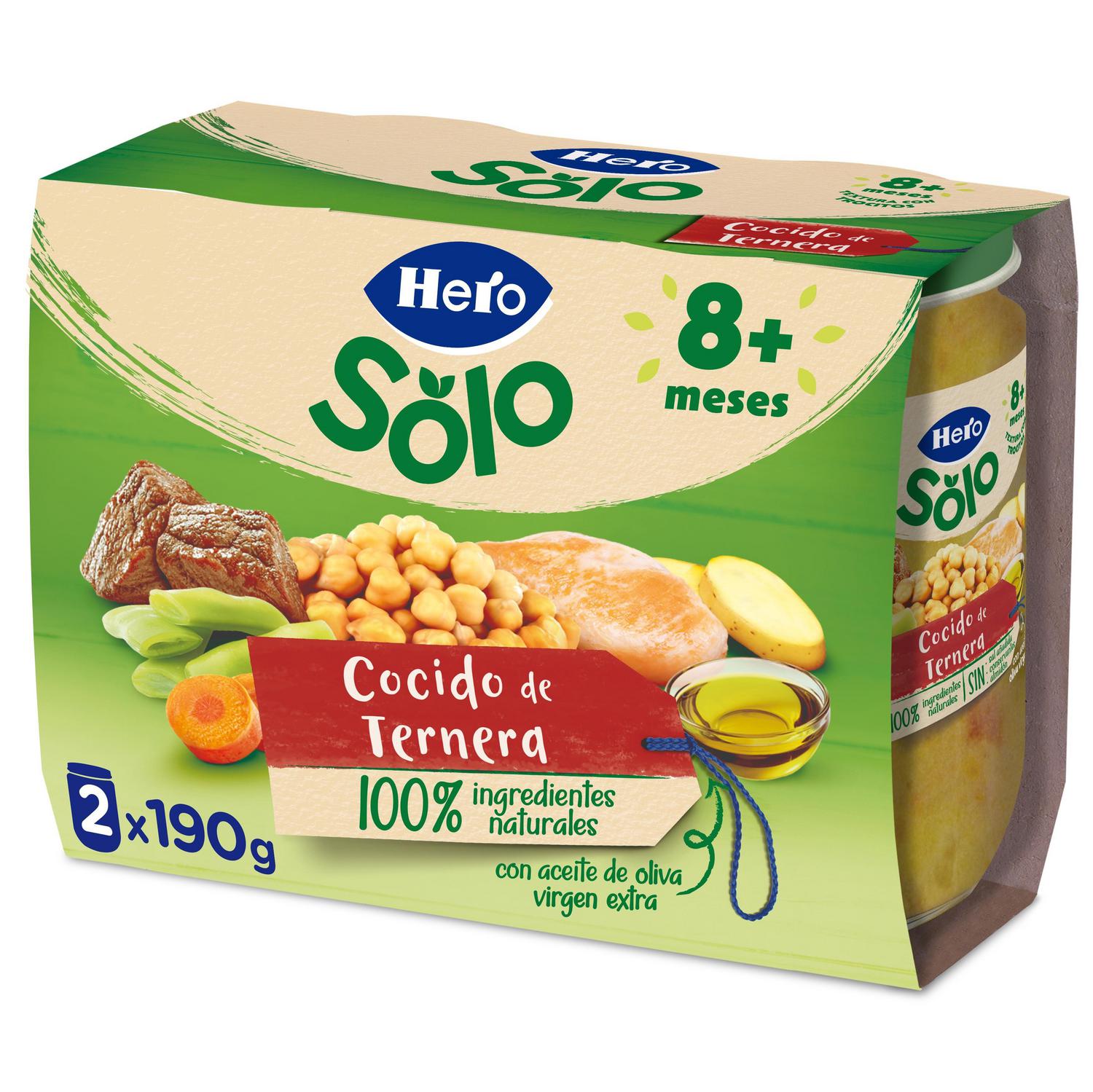 Tarrito de cocido de ternera desde 8 meses Hero Baby sin gluten pack de 2 unidades 190 g.
