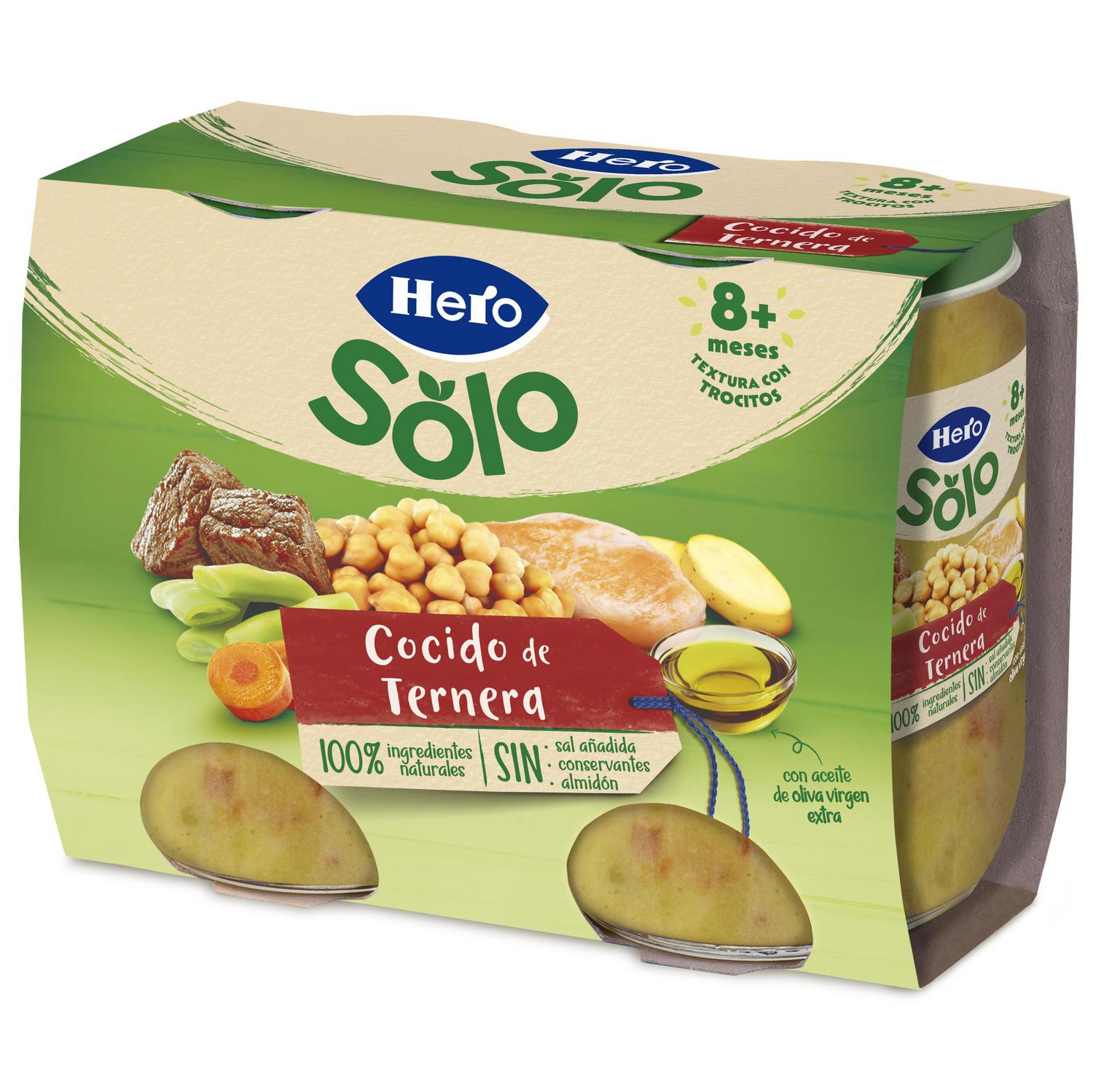 Tarrito de cocido de ternera desde 8 meses Hero Baby sin gluten pack de 2 unidades 190 g.