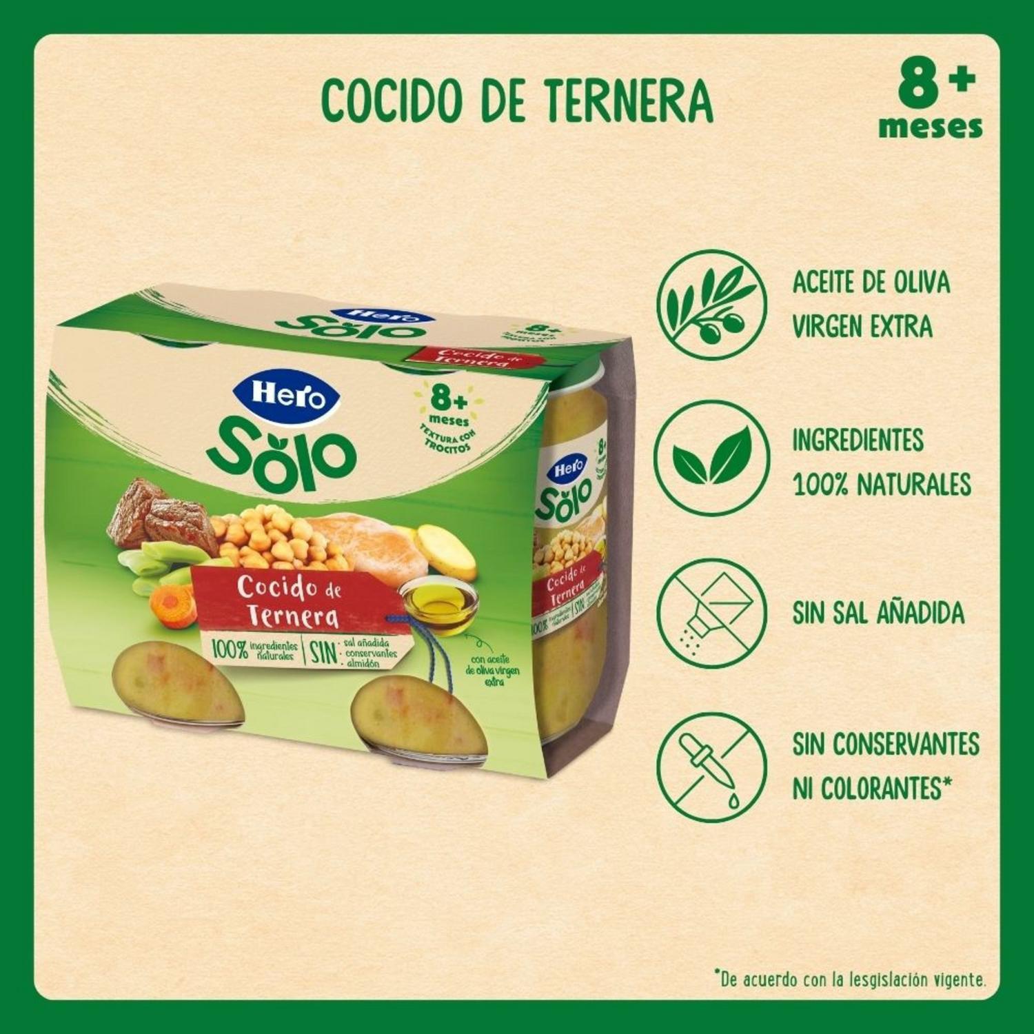 Tarrito de cocido de ternera desde 8 meses Hero Baby sin gluten pack de 2 unidades 190 g.