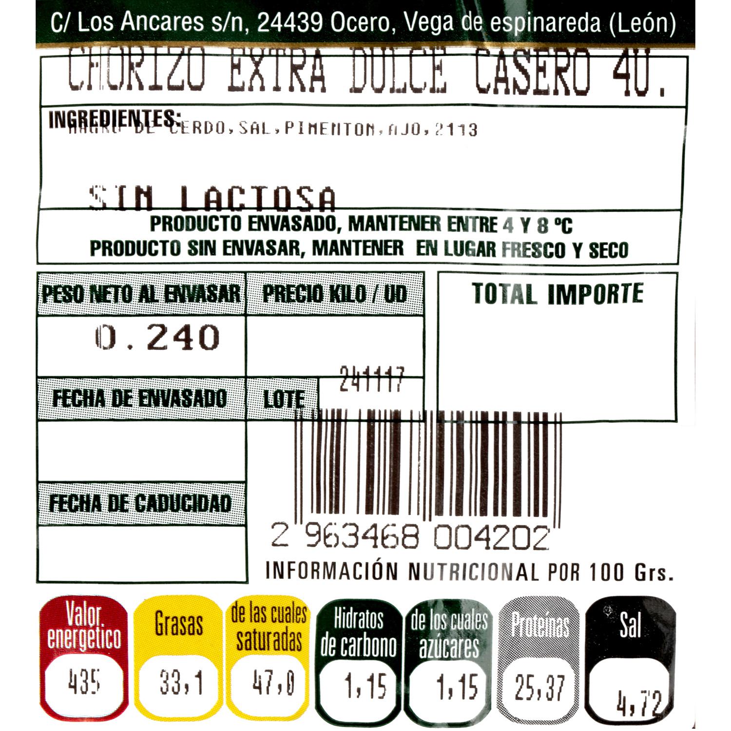 Chorizo extra dulce casero de El Bierzo La Encina pack 4 ud