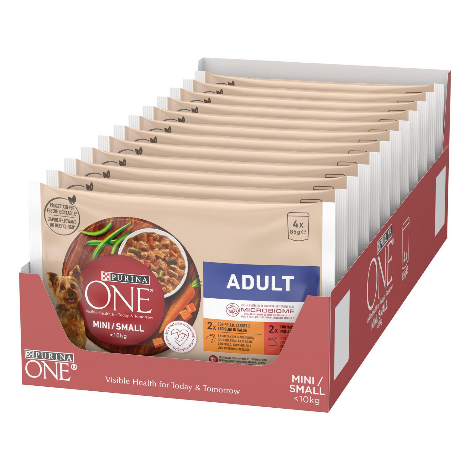 Comida húmeda de pollo y buey en salsa microbioma intestinal equilibrado para perro mini adulto Purina One 4x85 g.
