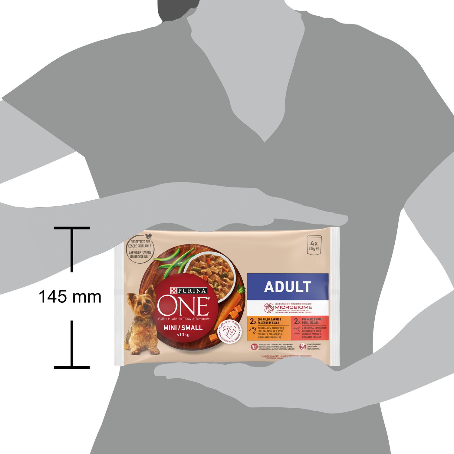 Comida húmeda de pollo y buey en salsa microbioma intestinal equilibrado para perro mini adulto Purina One 4x85 g.