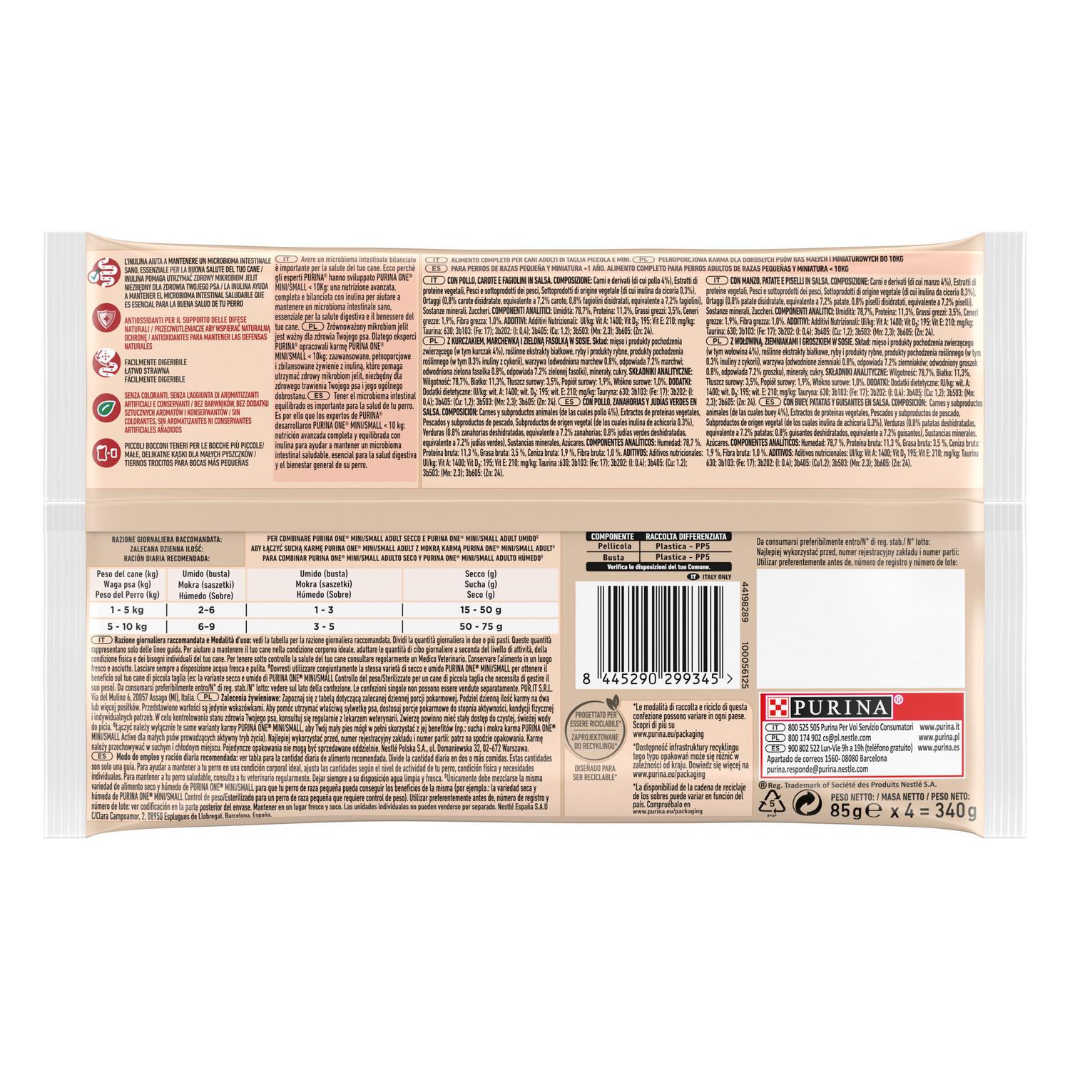 Comida húmeda de pollo y buey en salsa microbioma intestinal equilibrado para perro mini adulto Purina One 4x85 g.