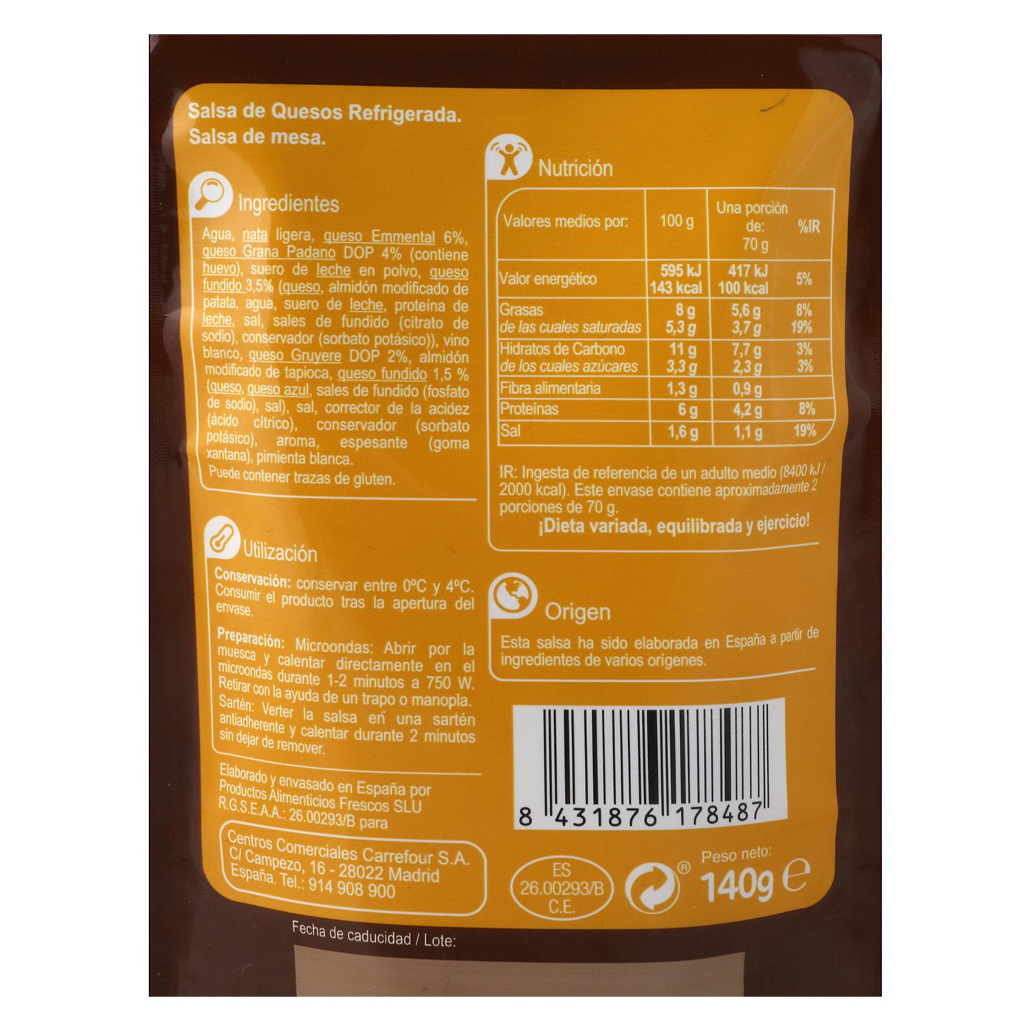 Salsa de quesos Carrefour sobre 140 g.