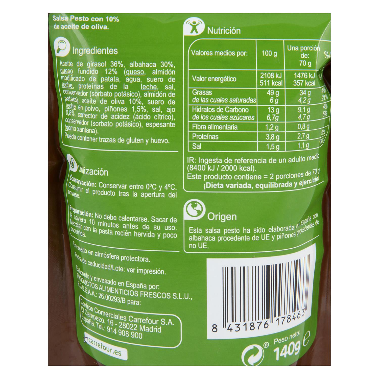 Salsa pesto Carrefour bolsita 140 g.