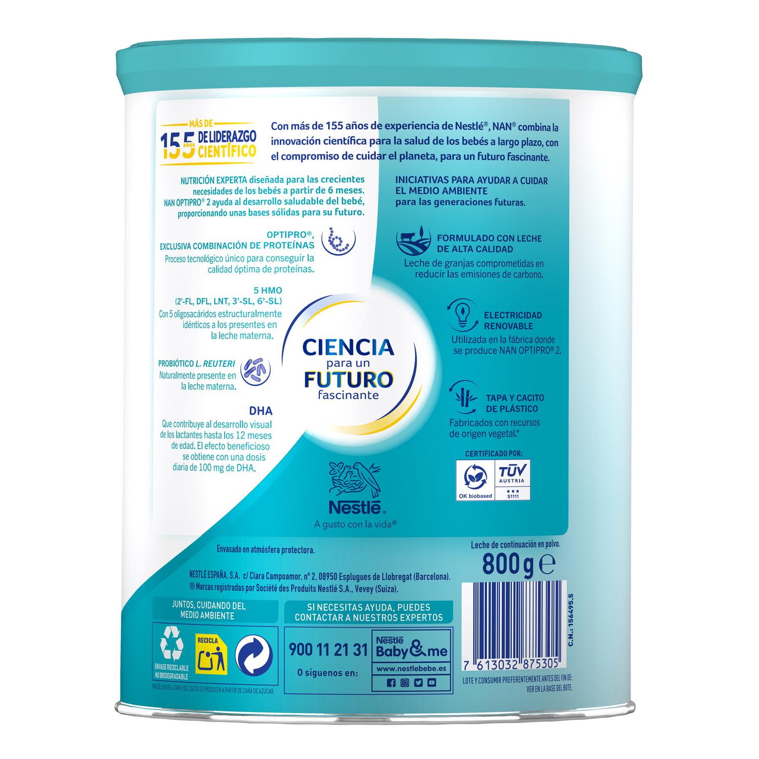 Leche infantil de continuación desde los 6 meses en polvo Nestlé Nan Optipro 2 lata 800 g.
