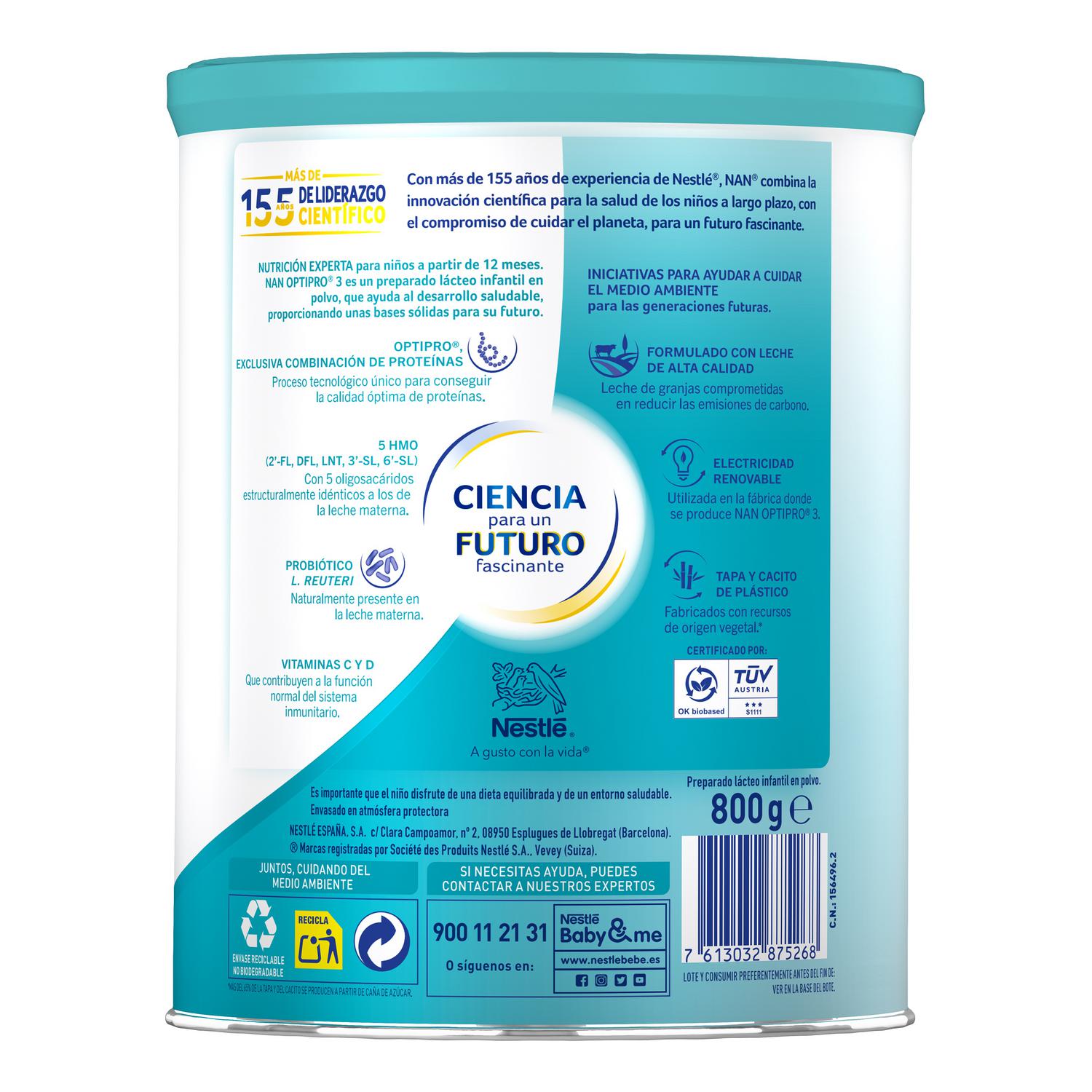 Leche infantil de crecimiento desde los 12 meses en polvo Nestlé Nan Optipro 3 lata 800 g.