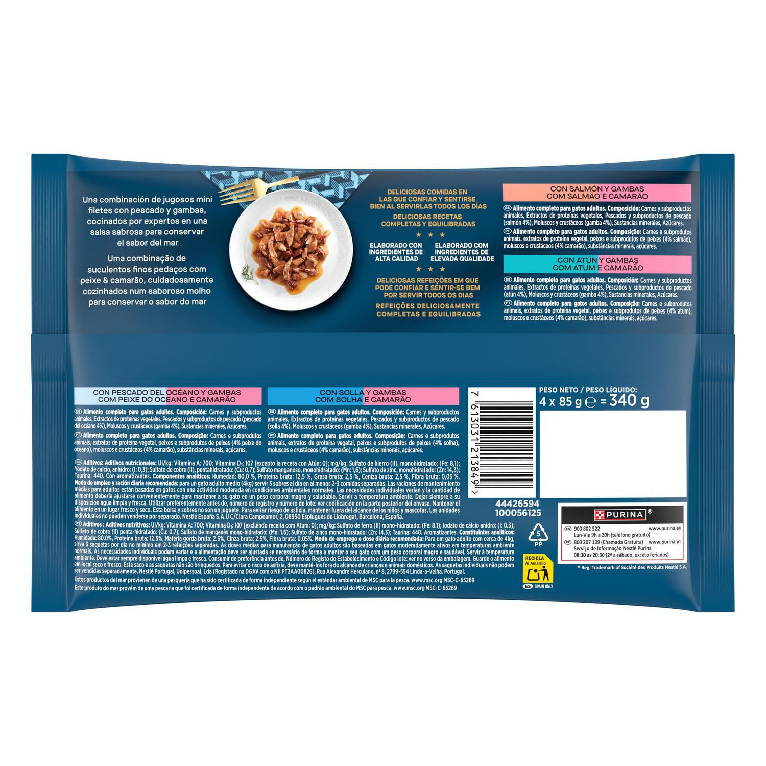 Comida húmeda delicias del océano para gato adulto Purina Gourmet Perle 4x85 g.