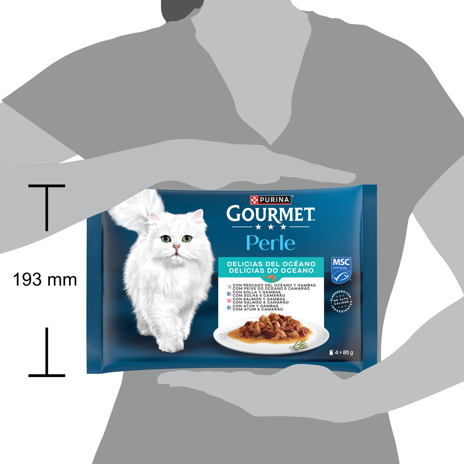 Comida húmeda delicias del océano para gato adulto Purina Gourmet Perle 4x85 g.