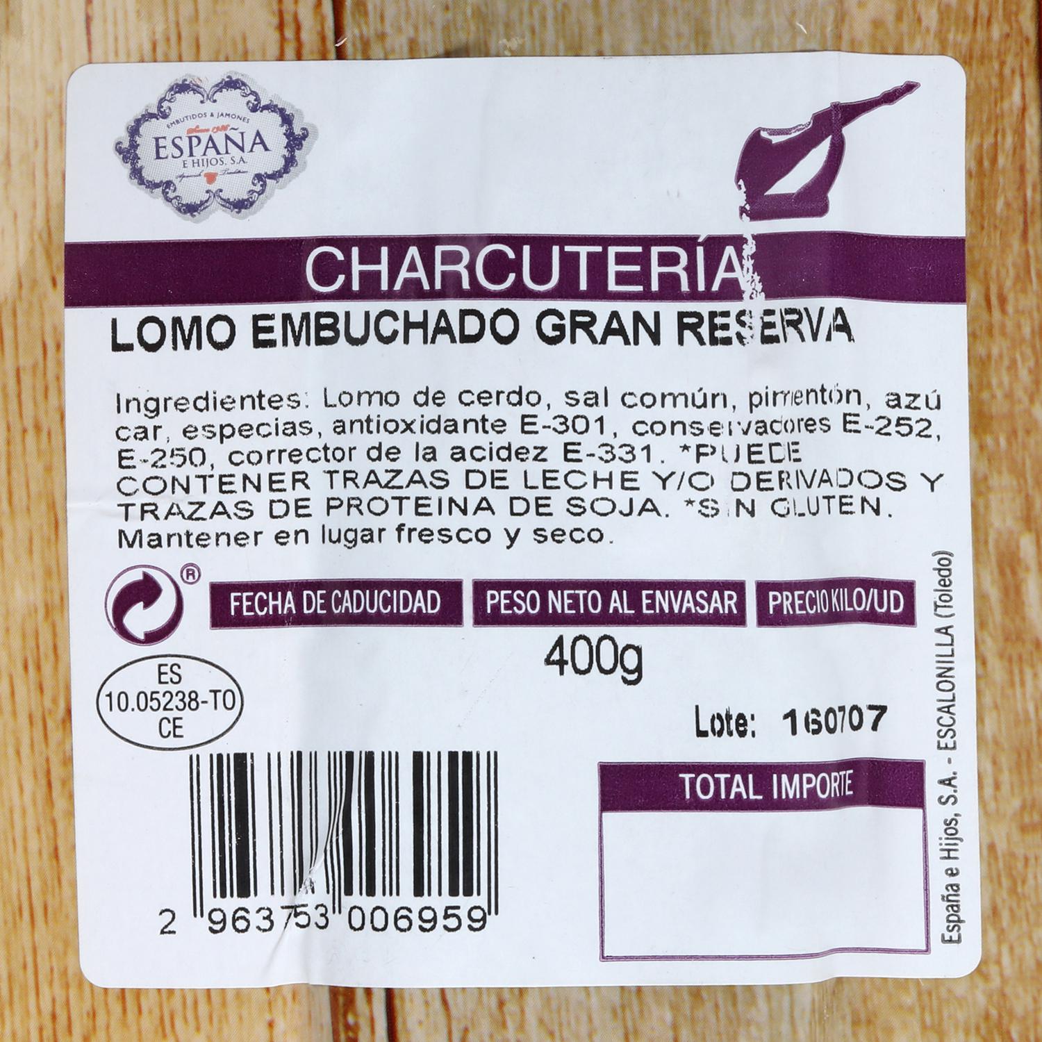 Lomo cular curado en taco pieza 375 g aprox