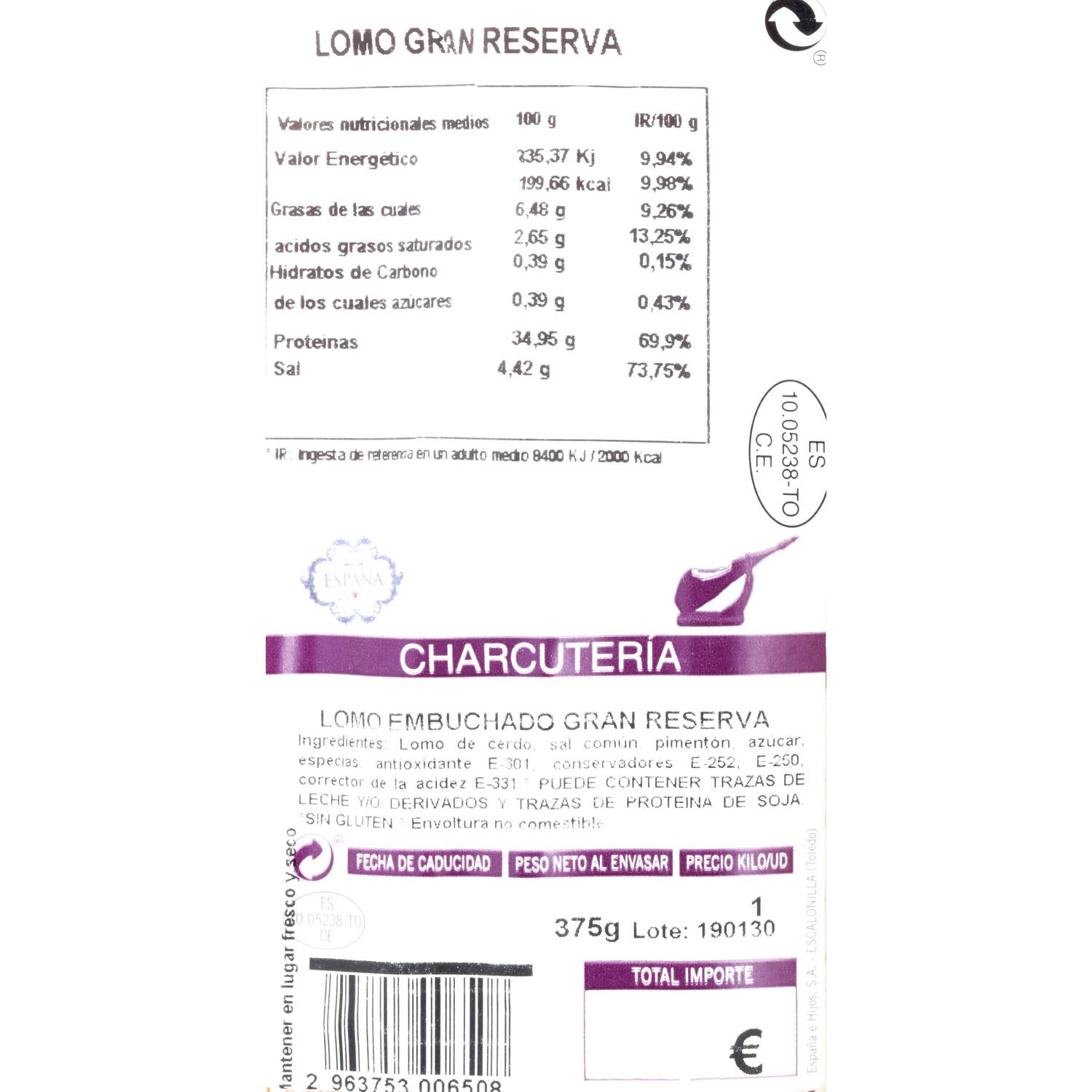 Lomo cular curado en taco pieza 375 g aprox