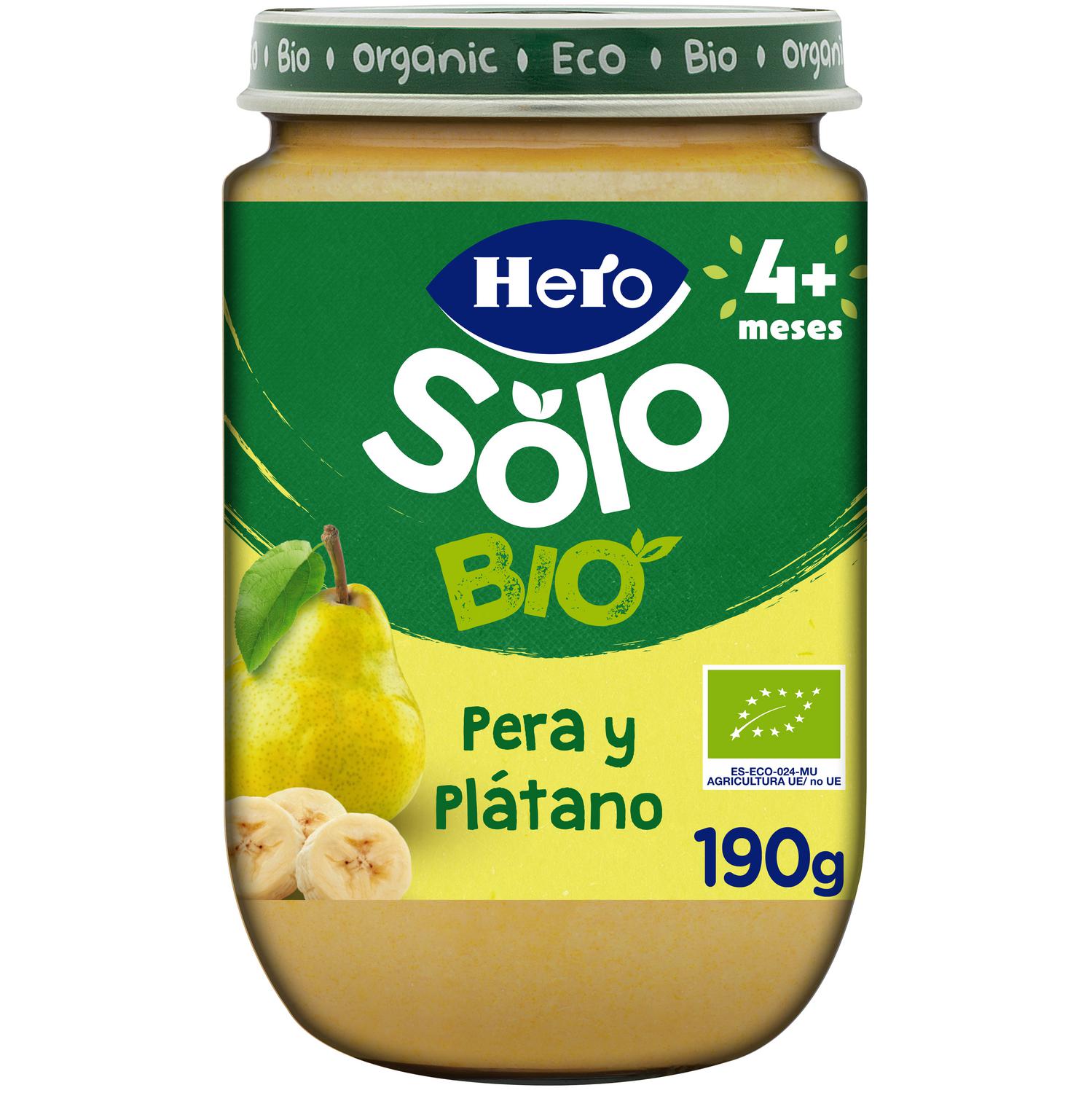 Tarrito de pera y plátano desde 4 meses ecológico Hero Solo sin gluten 190 g.