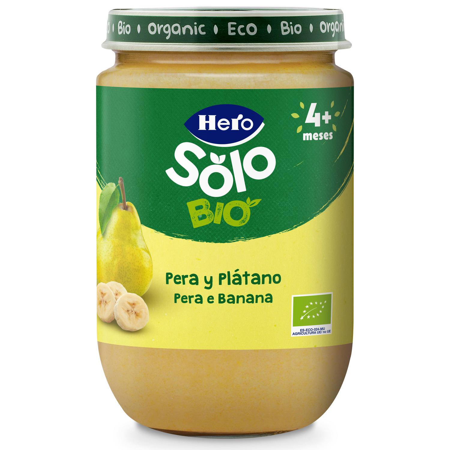 Tarrito de pera y plátano desde 4 meses ecológico Hero Solo sin gluten 190 g.