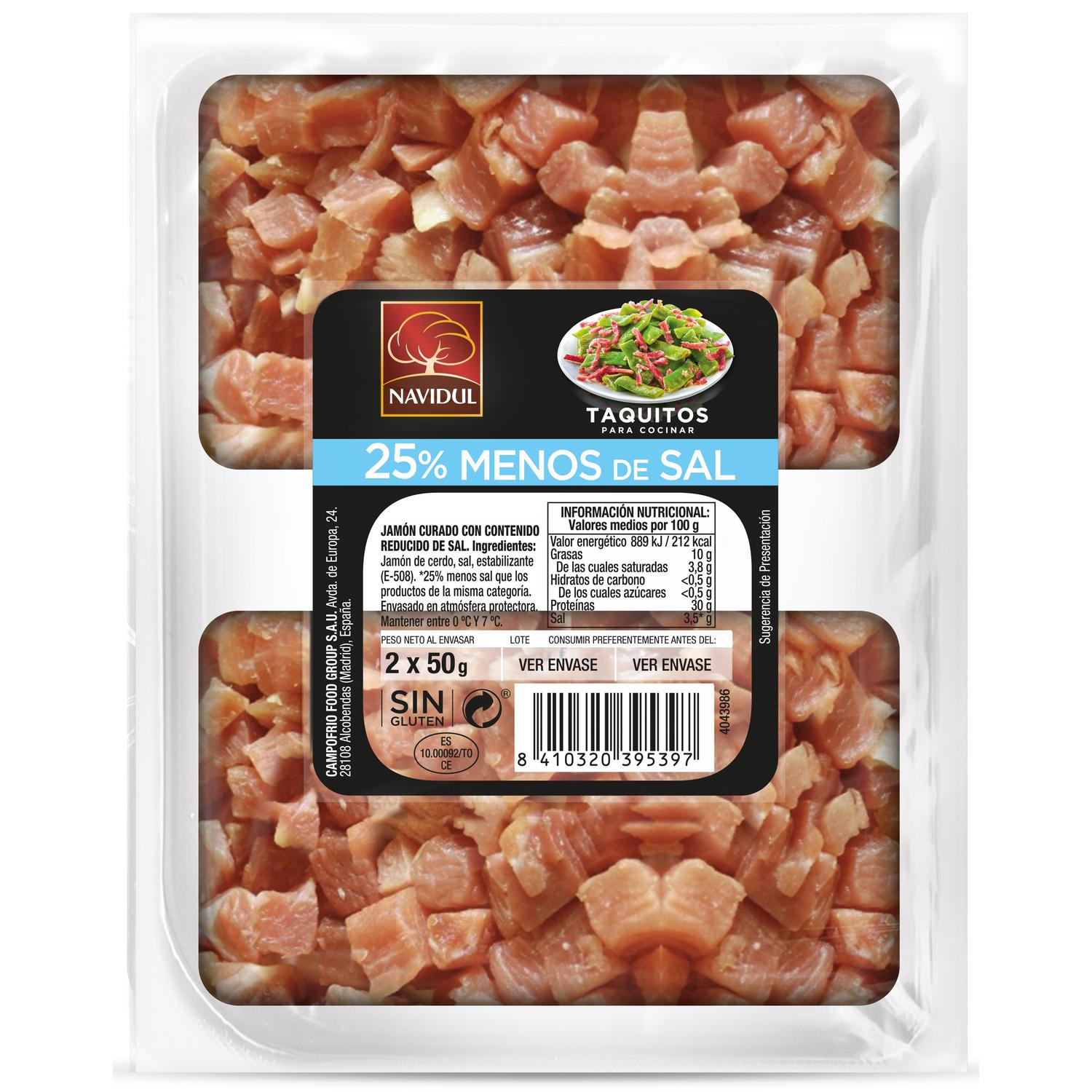 Jamón Curado 25% menos de sal en taquitos Navidul sin gluten pack de 2 unidades de 50 g